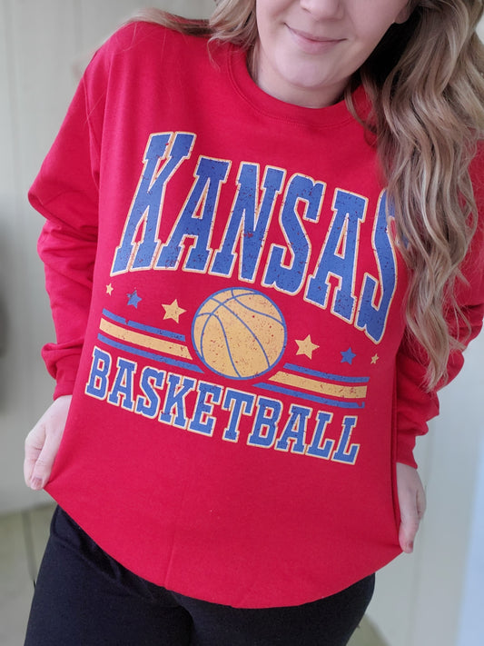 KANSAS BASKETBALL Distressed Red Crewneck Sweatshirt