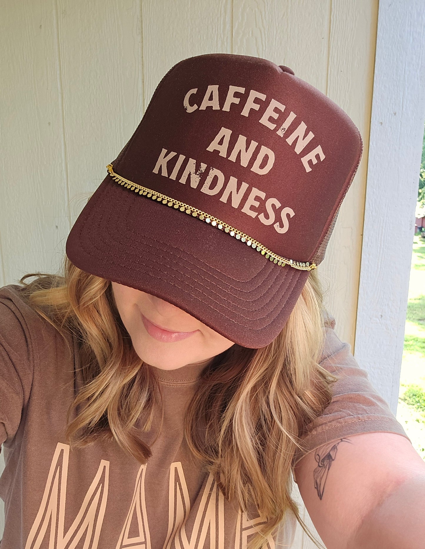 CAFFEINE & KINDNESS Brown Trucker Hat (Hat Only)