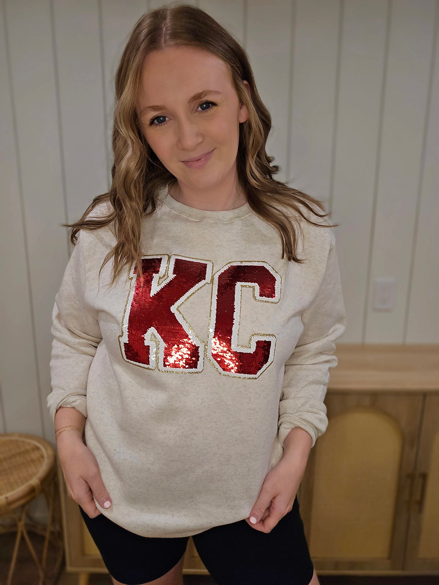 KC Red Sequin Heather Oatmeal Crewneck Sweatshirt