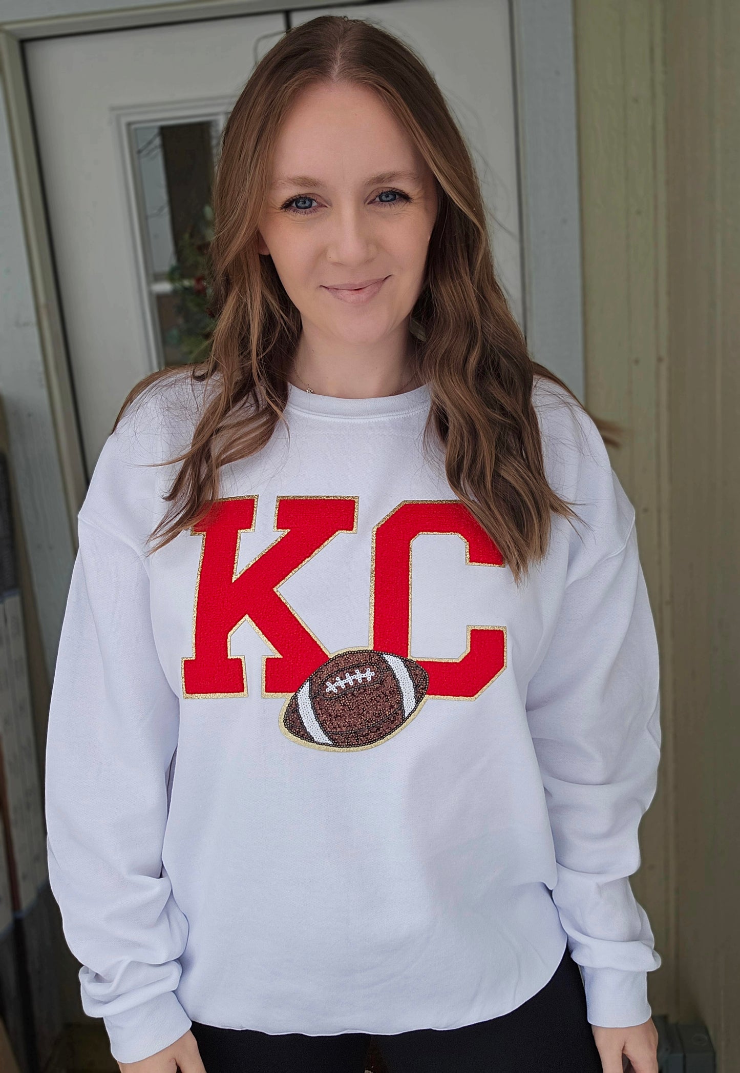 KC FOOTBALL Sequin Patch White Crewneck