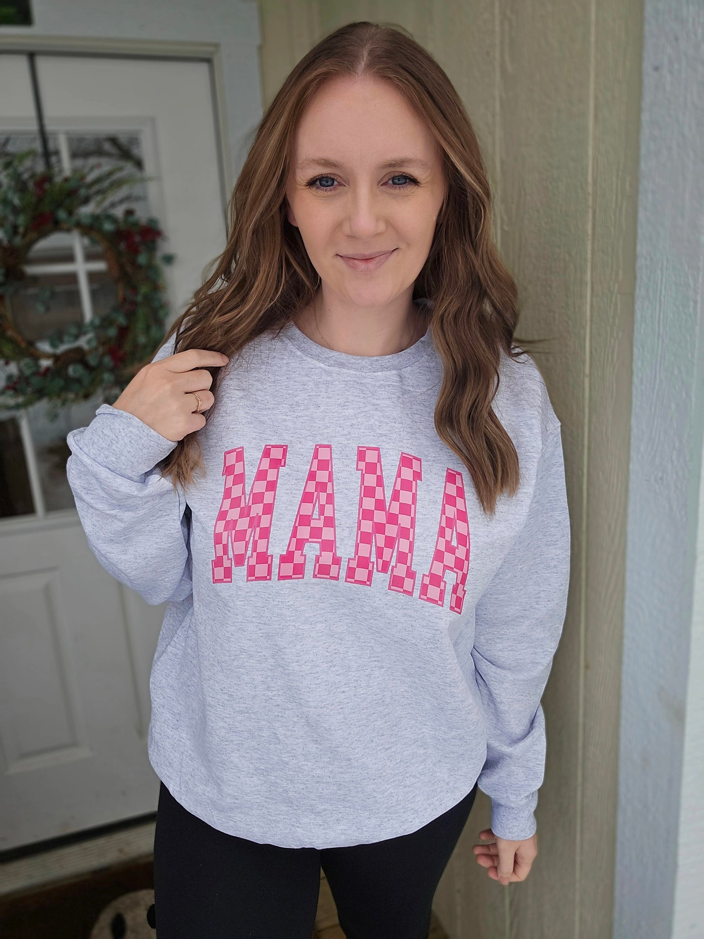 MAMA Pink Checkered Ash Grey Crewneck Sweatshirt