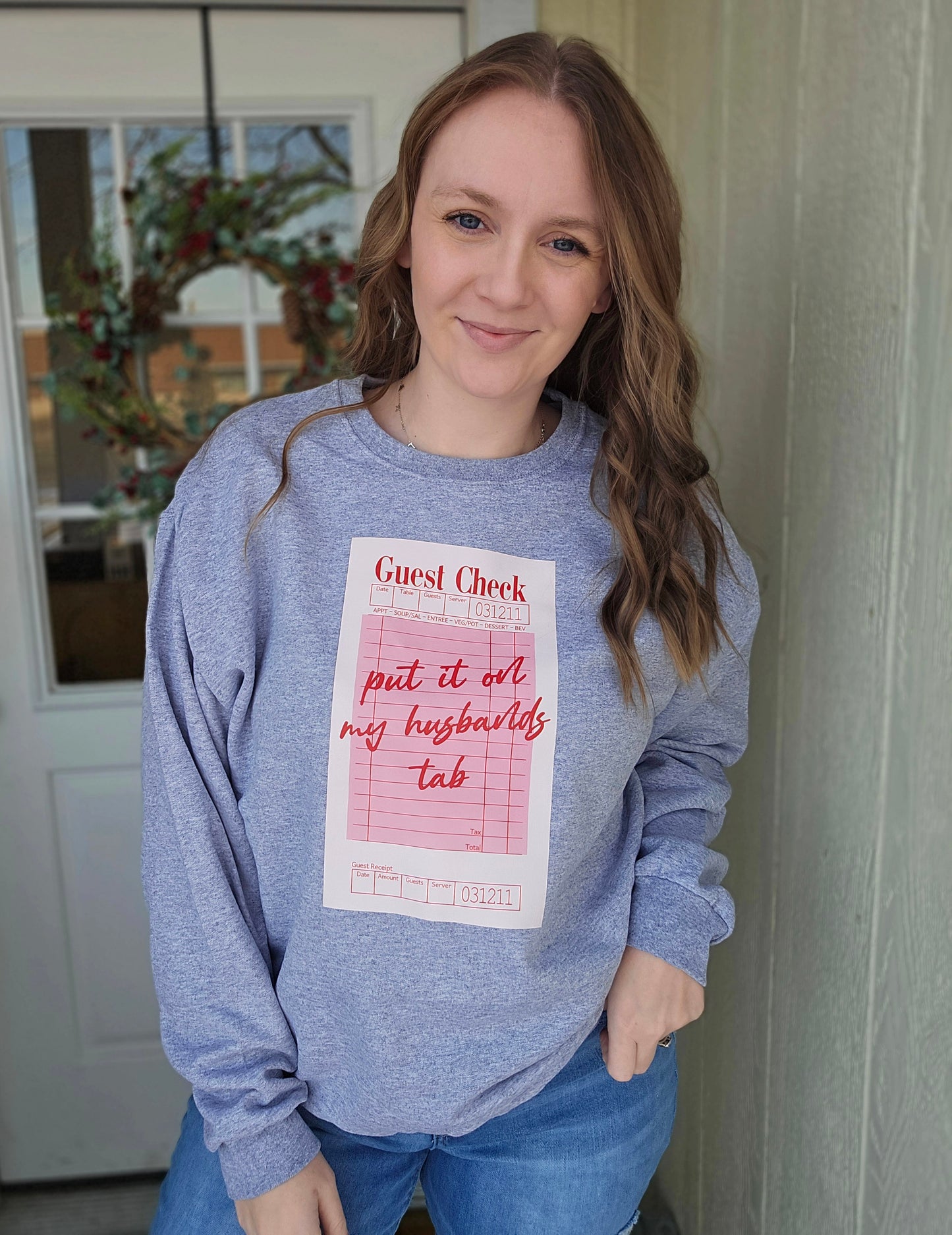 PUT IT ON MY HUSBAND'S TAB Grey Crewneck Sweatshirt