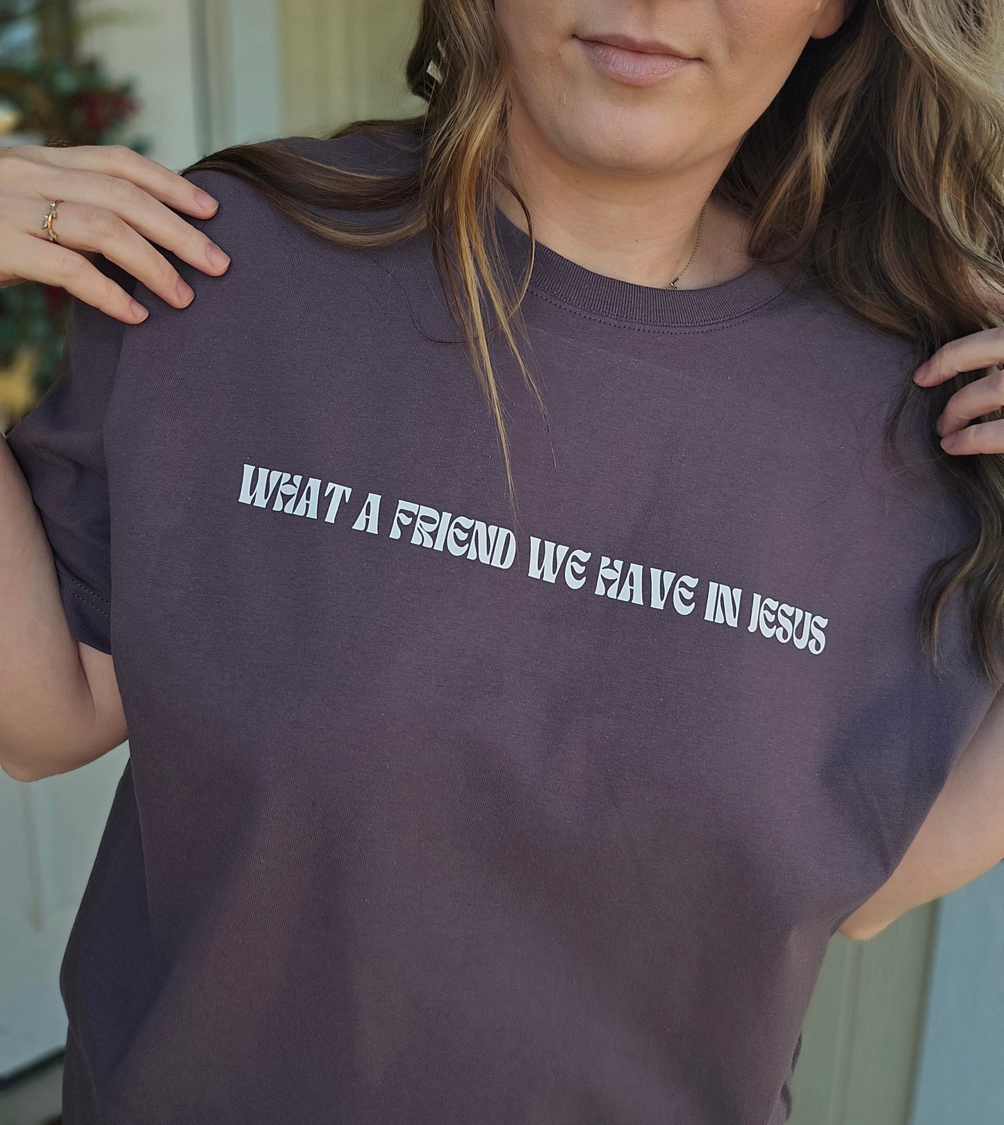 WHAT A FRIEND WE HAVE IN JESUS Oversized Plum Tee