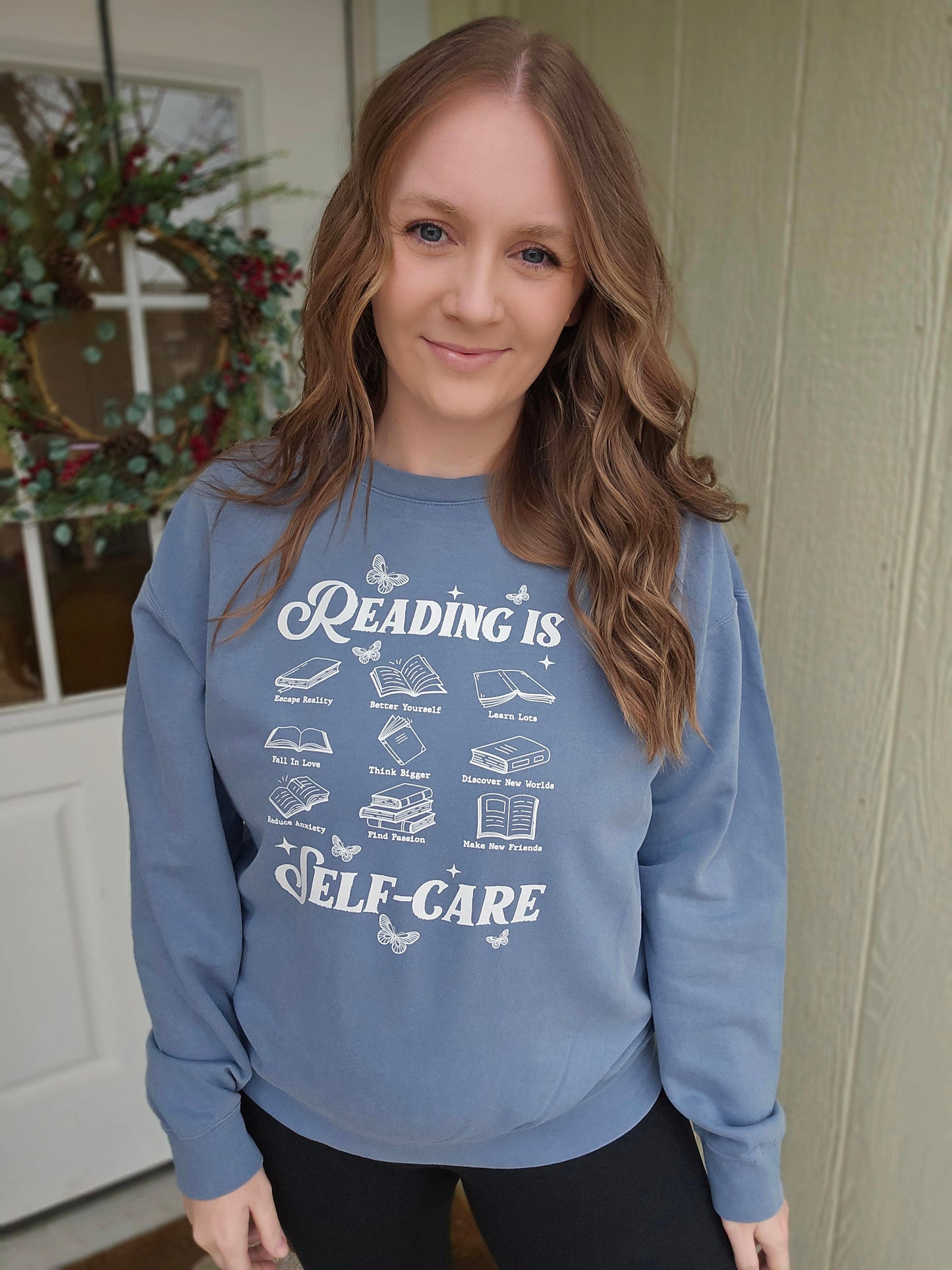 READING IS SELF-CARE Denim Blue Vintage Wash Crewneck