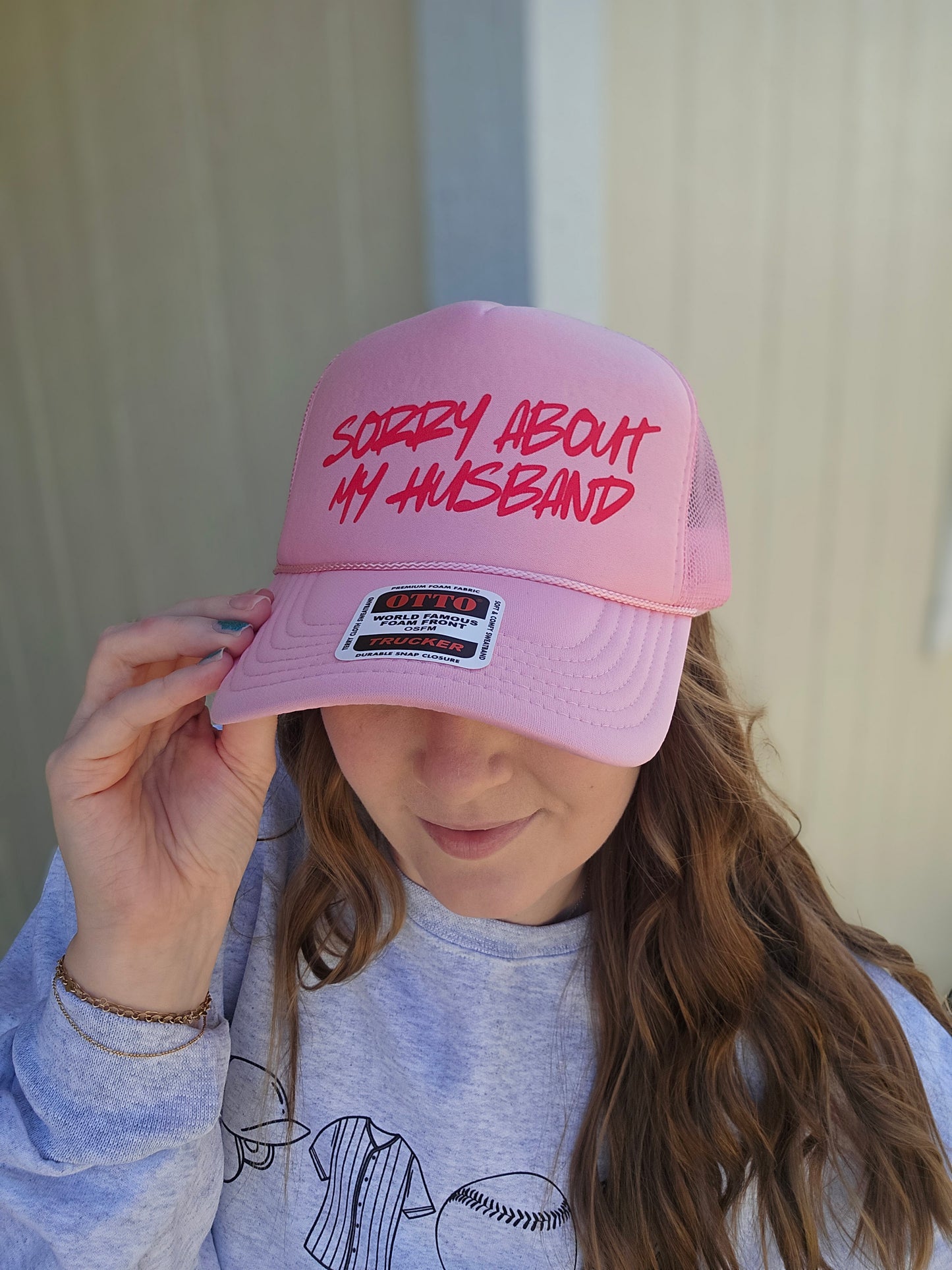 SORRY ABOUT MY HUSBAND Light Pink Trucker Hat