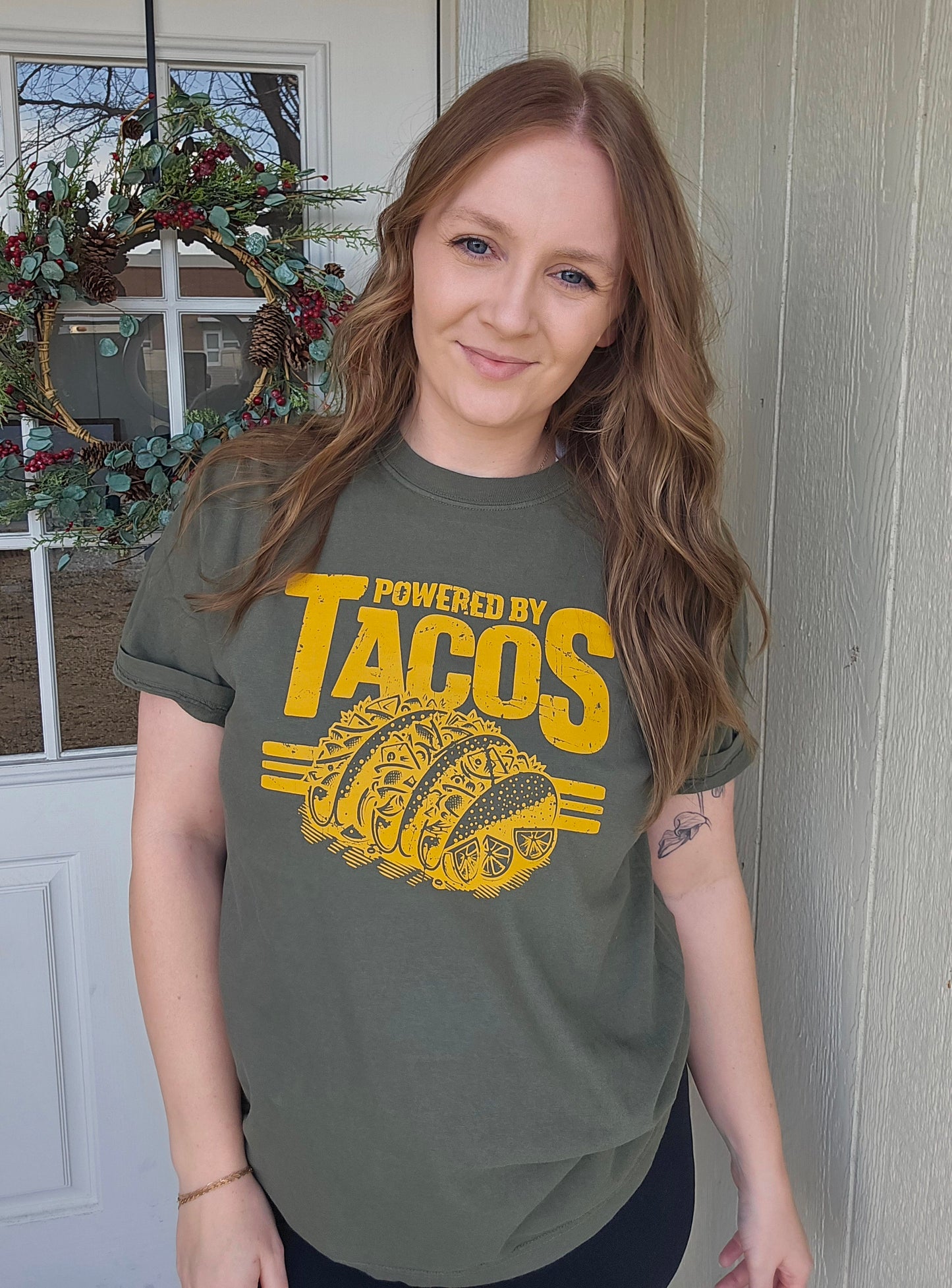 POWERED BY TACOS Olive Vintage Wash Short Sleeve Tee