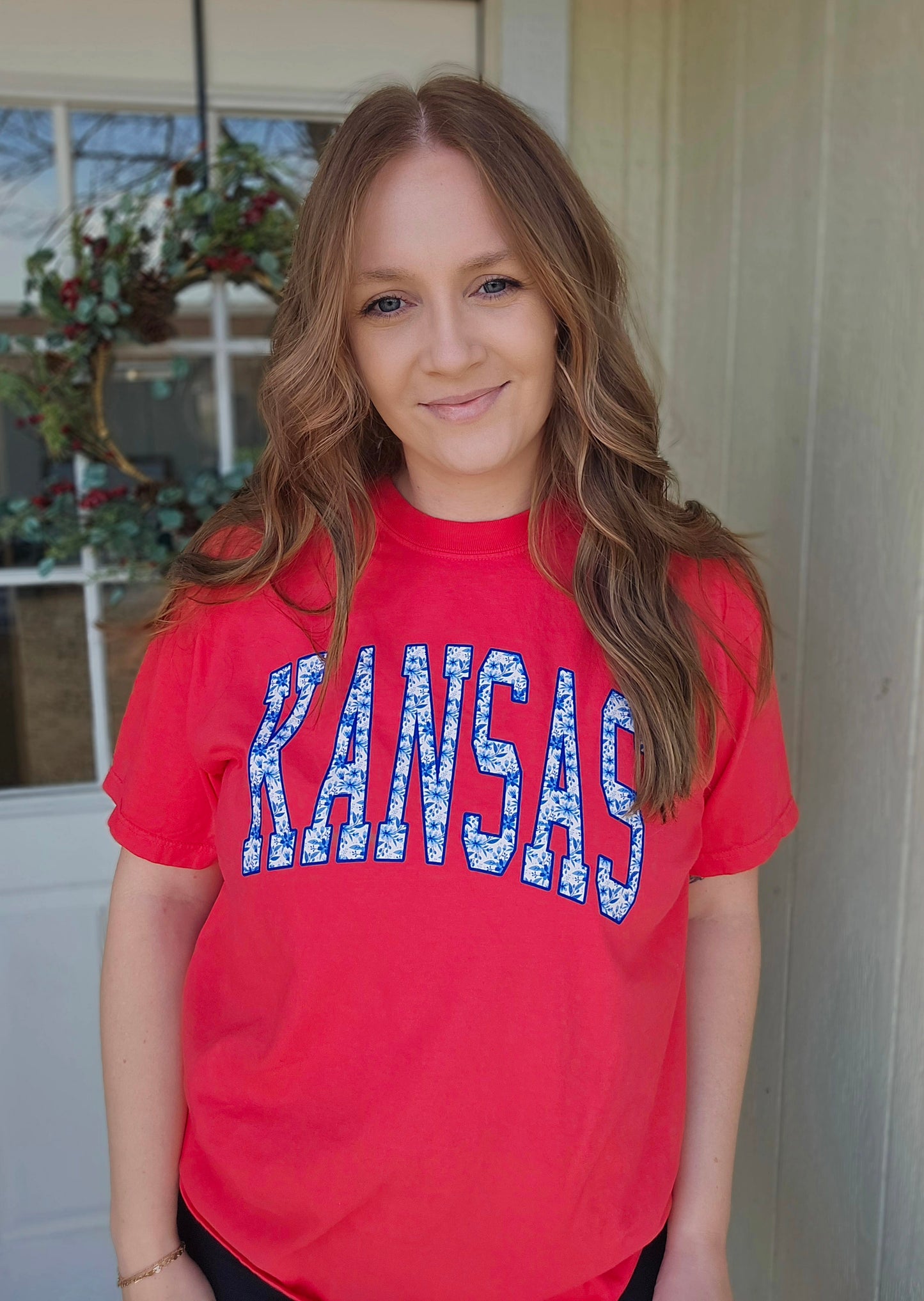 KANSAS Varsity Floral Neon Red Vintage Wash Tee