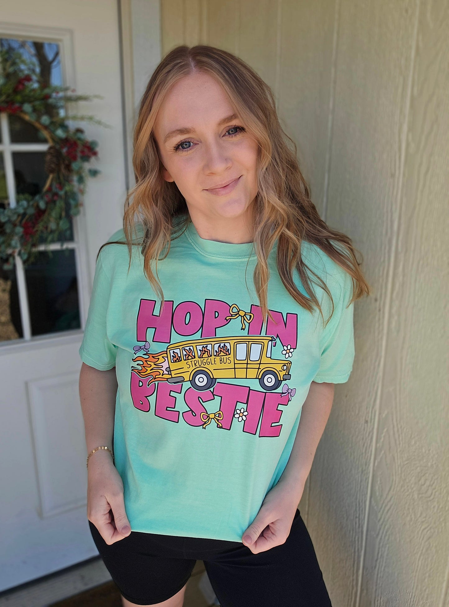 HOP IN BESTIE Mint Green Vintage Wash Tee