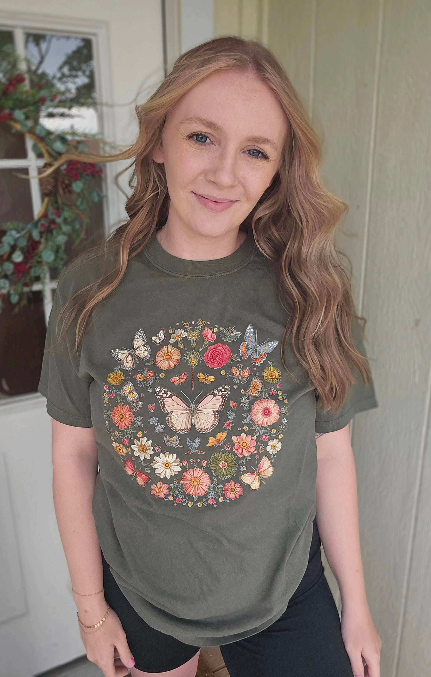 FLORAL BUTTERFLY Olive Vintage Wash Tee