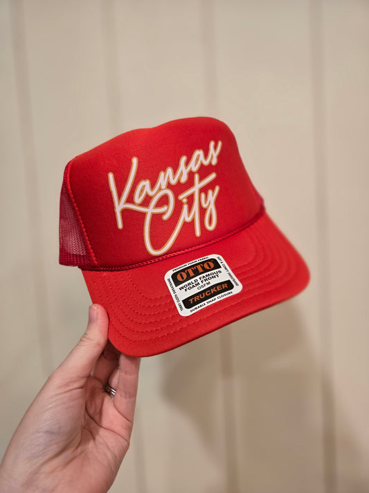 KANSAS CITY Script Red Trucker Hat