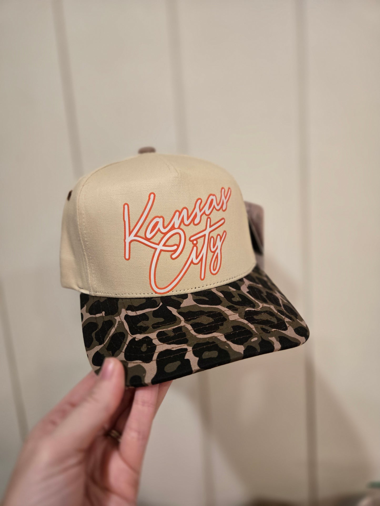 KANSAS CITY Script Leopard Trucker Hat (Red Font)