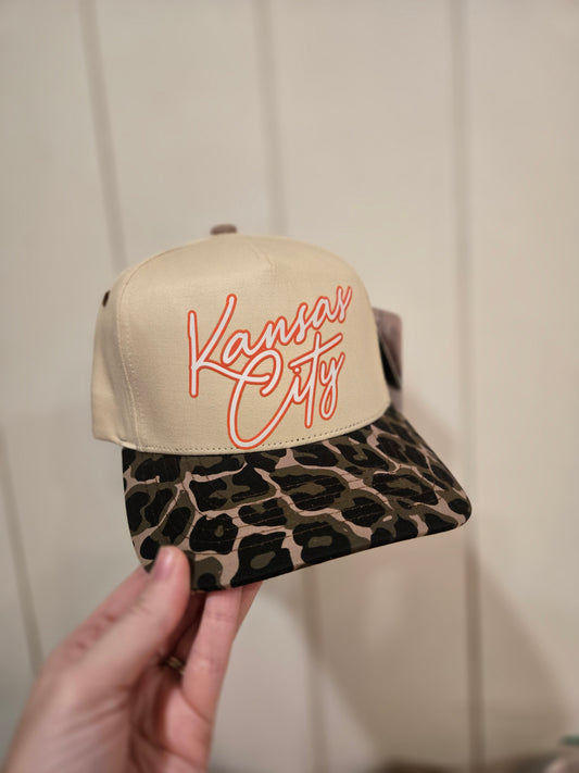 KANSAS CITY Script Leopard Trucker Hat (Red Font)
