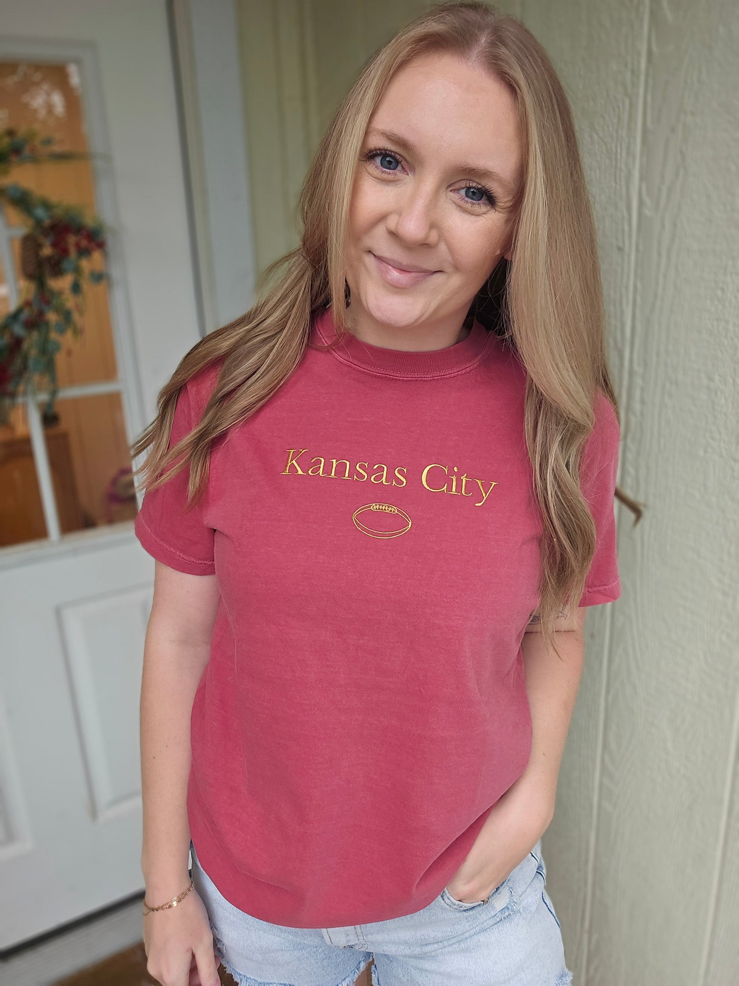 KANSAS CITY Simple Football Embroidered Red Vintage Wash Tee