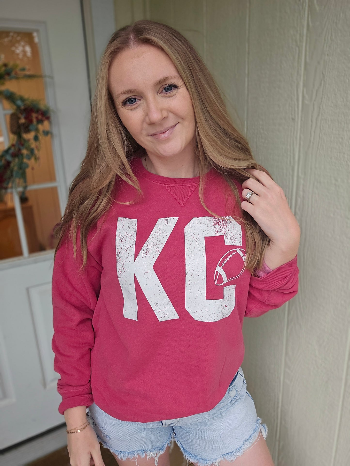 KC FOOTBALL Block Font Red Vintage Wash Crewneck