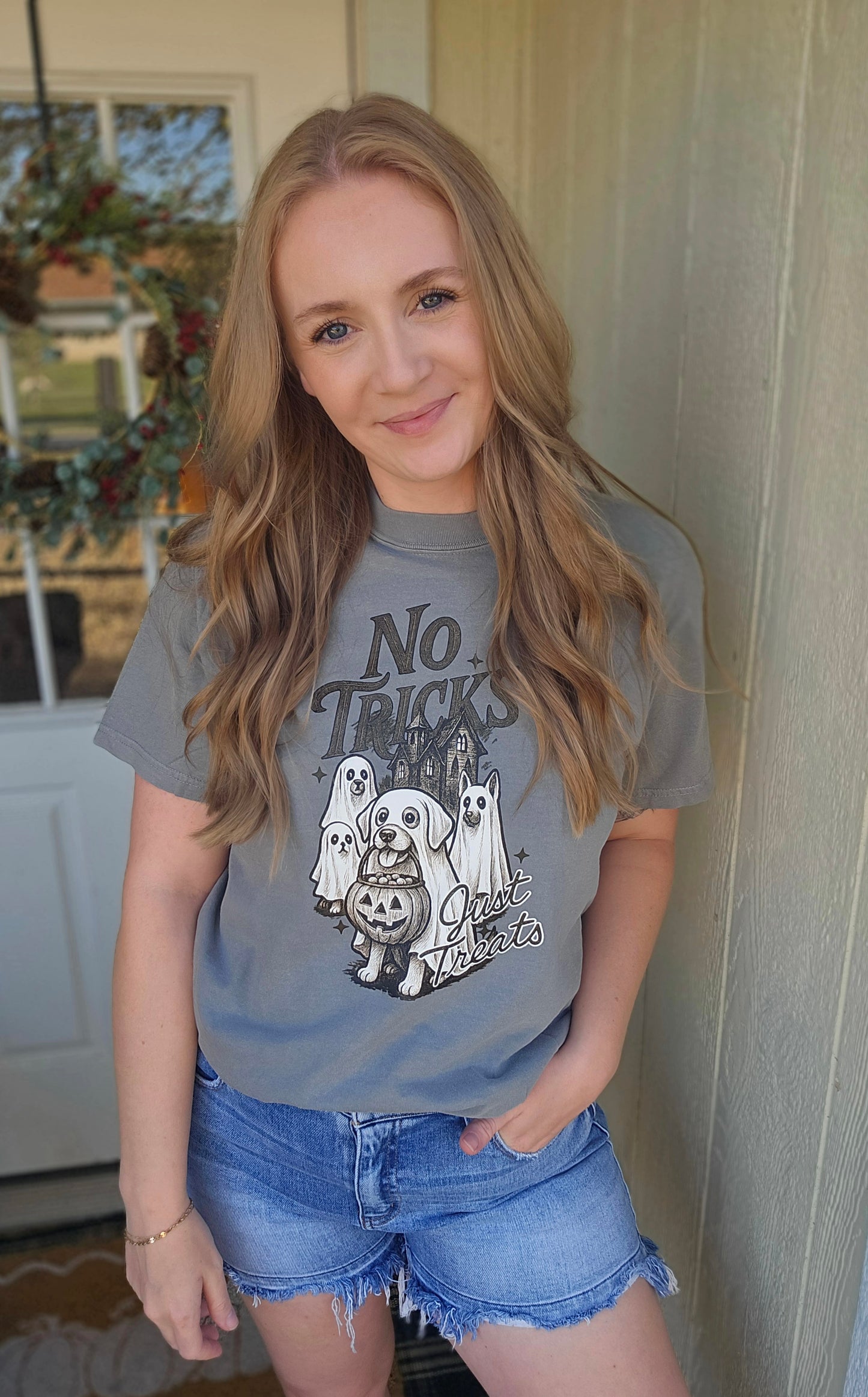 NO TRICKS JUST TREATS Grey Vintage Wash Tee