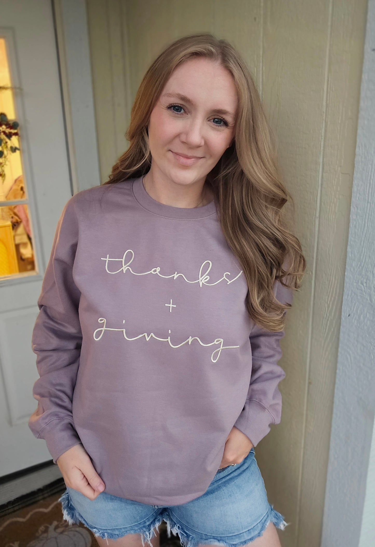 THANKS + GIVING *PUFF* Dusty Purple Crewneck Sweatshirt
