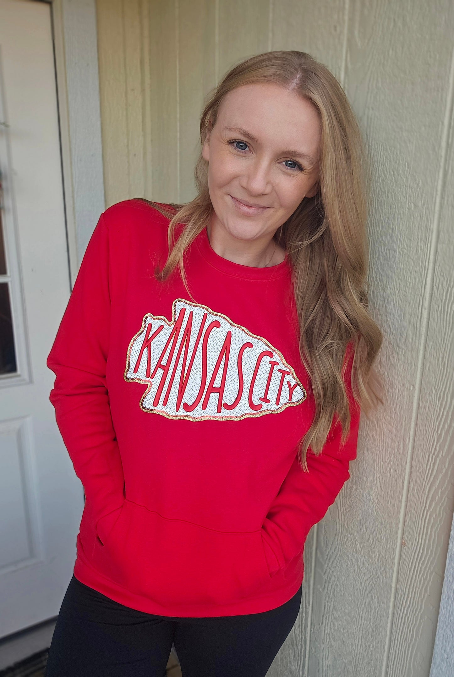 KC ARROW Sequin Red Front Pocket Crewneck Sweatshirt