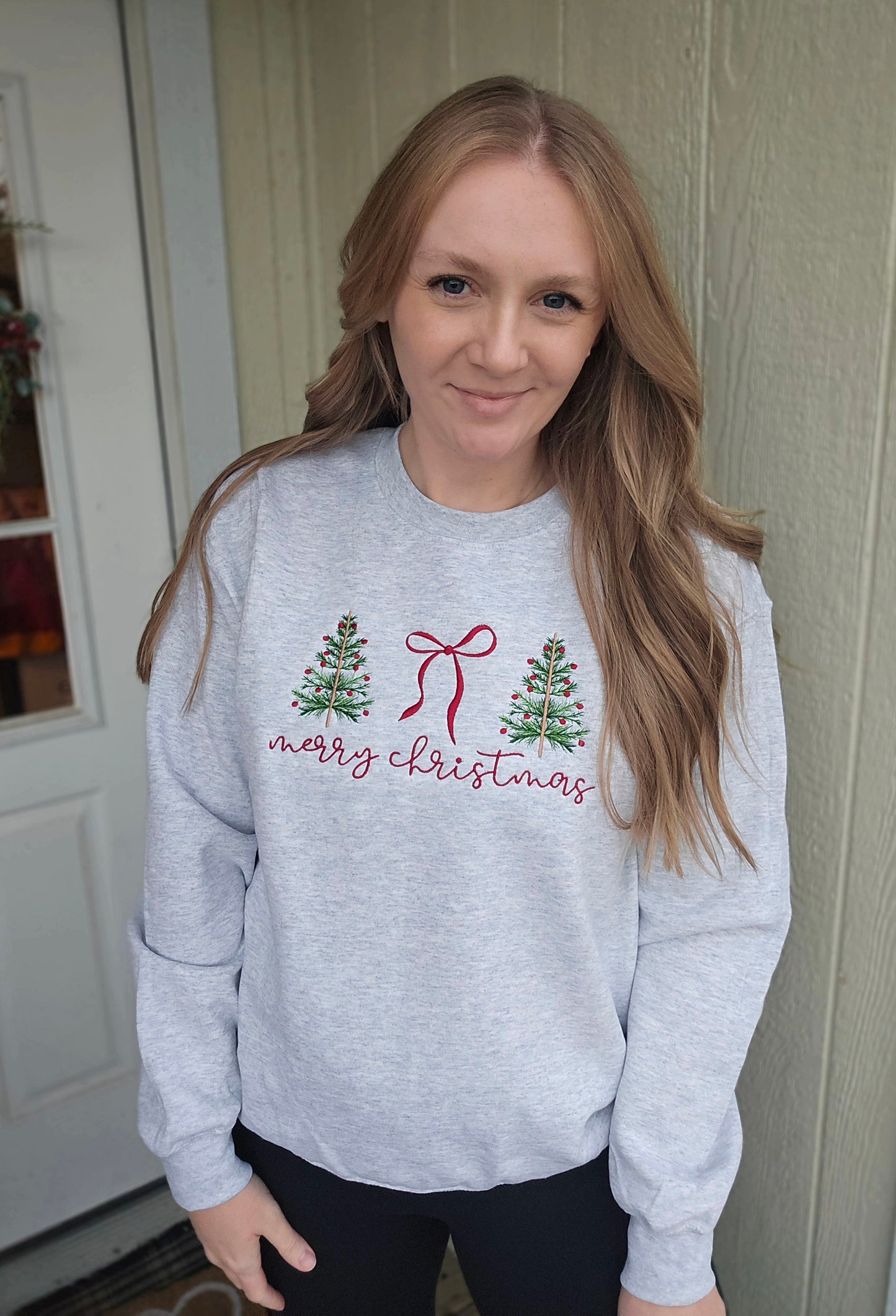 MERRY CHRISTMAS Coquette Tree/Bow Embroidered Crewneck Sweatshirt