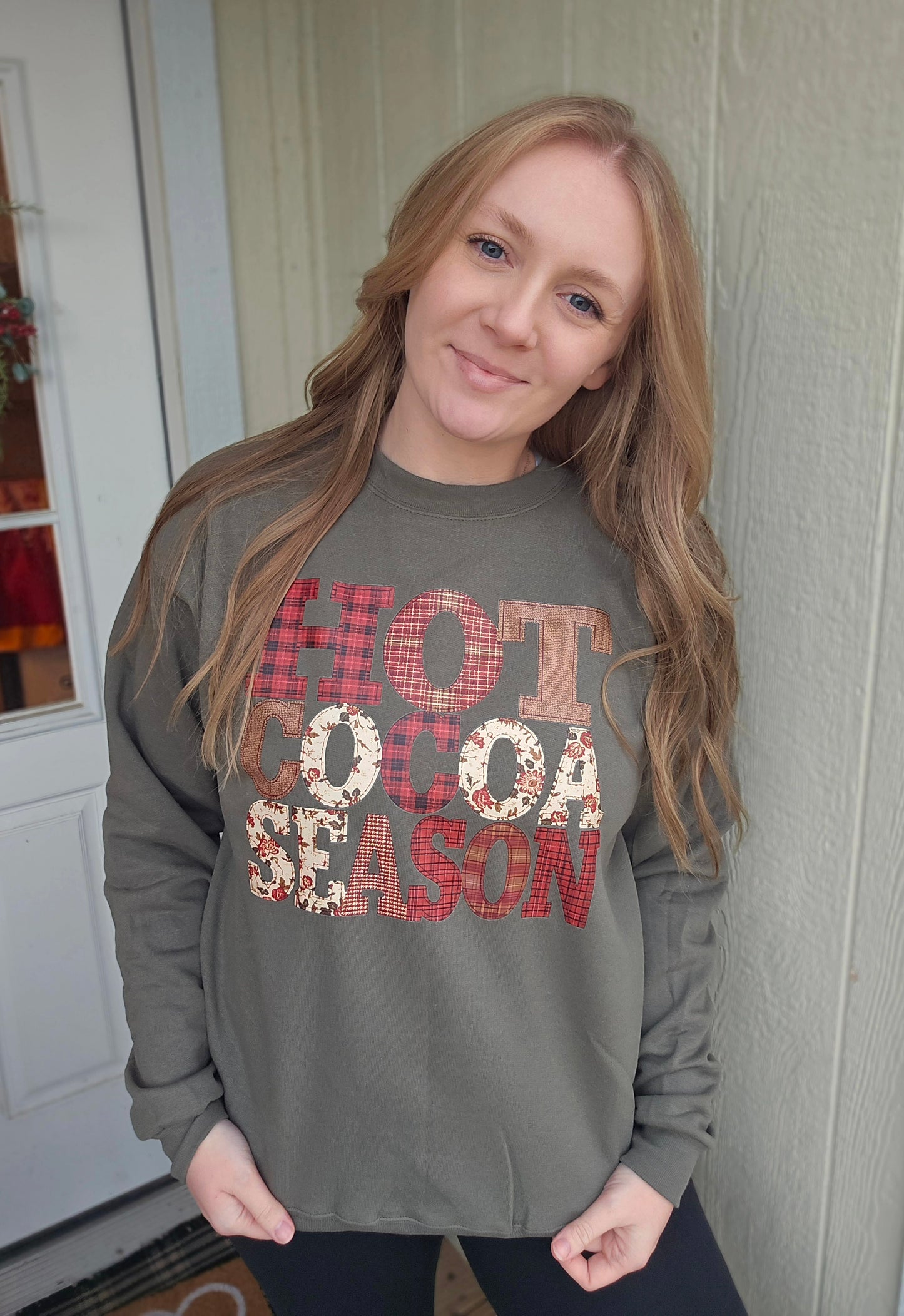 HOT COCOA WEATHER Plaid Olive Crewneck Sweatshirt