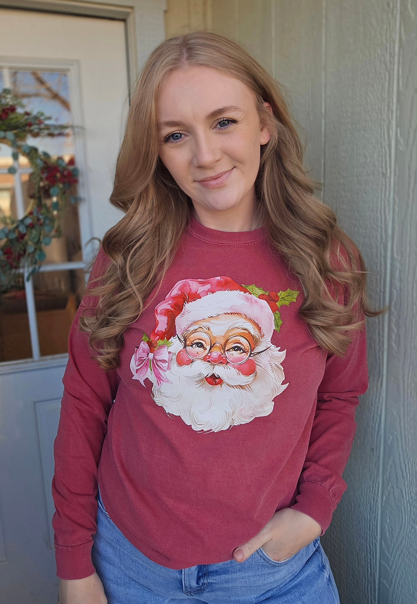 VINTAGE SANTA BOW Red Vintage Long Sleeve Tee