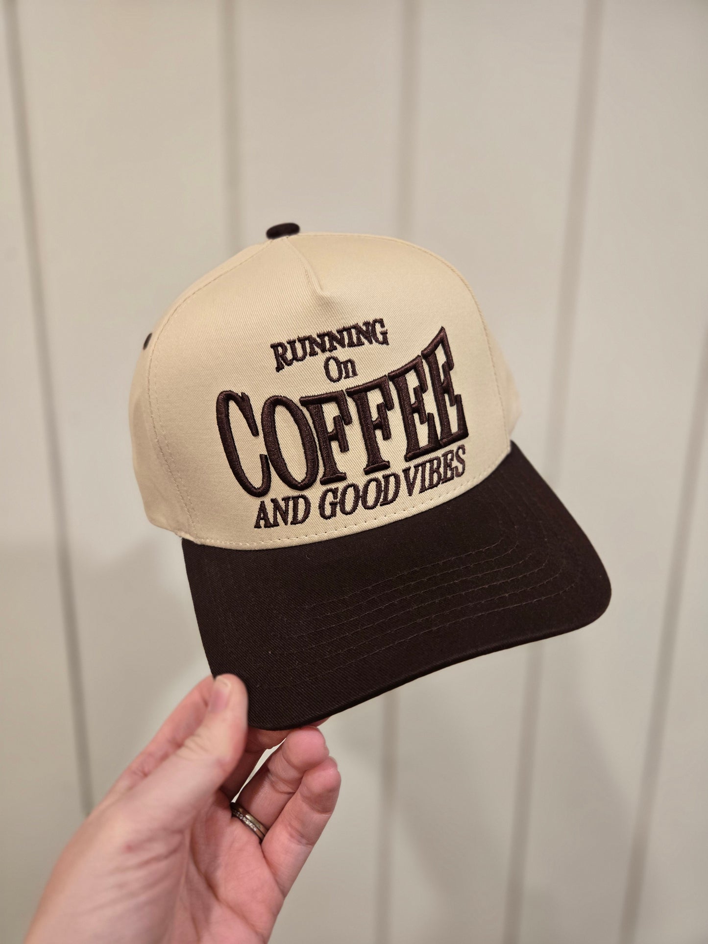 RUNNING ON COFFEE & GOOD VIBES Embroidered Trucker Hat