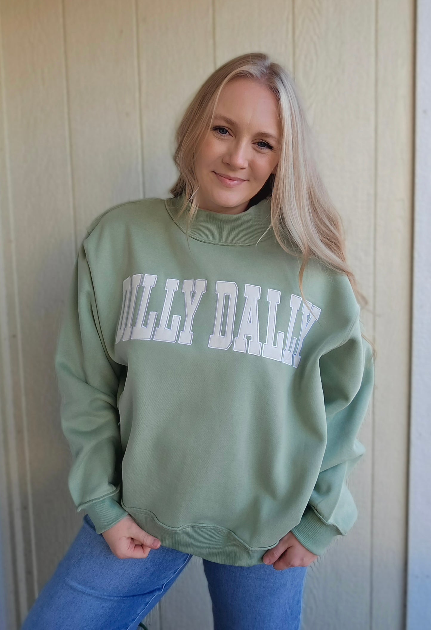 DILLY DALLY Sage Embroidered Mockneck Sweatshirt
