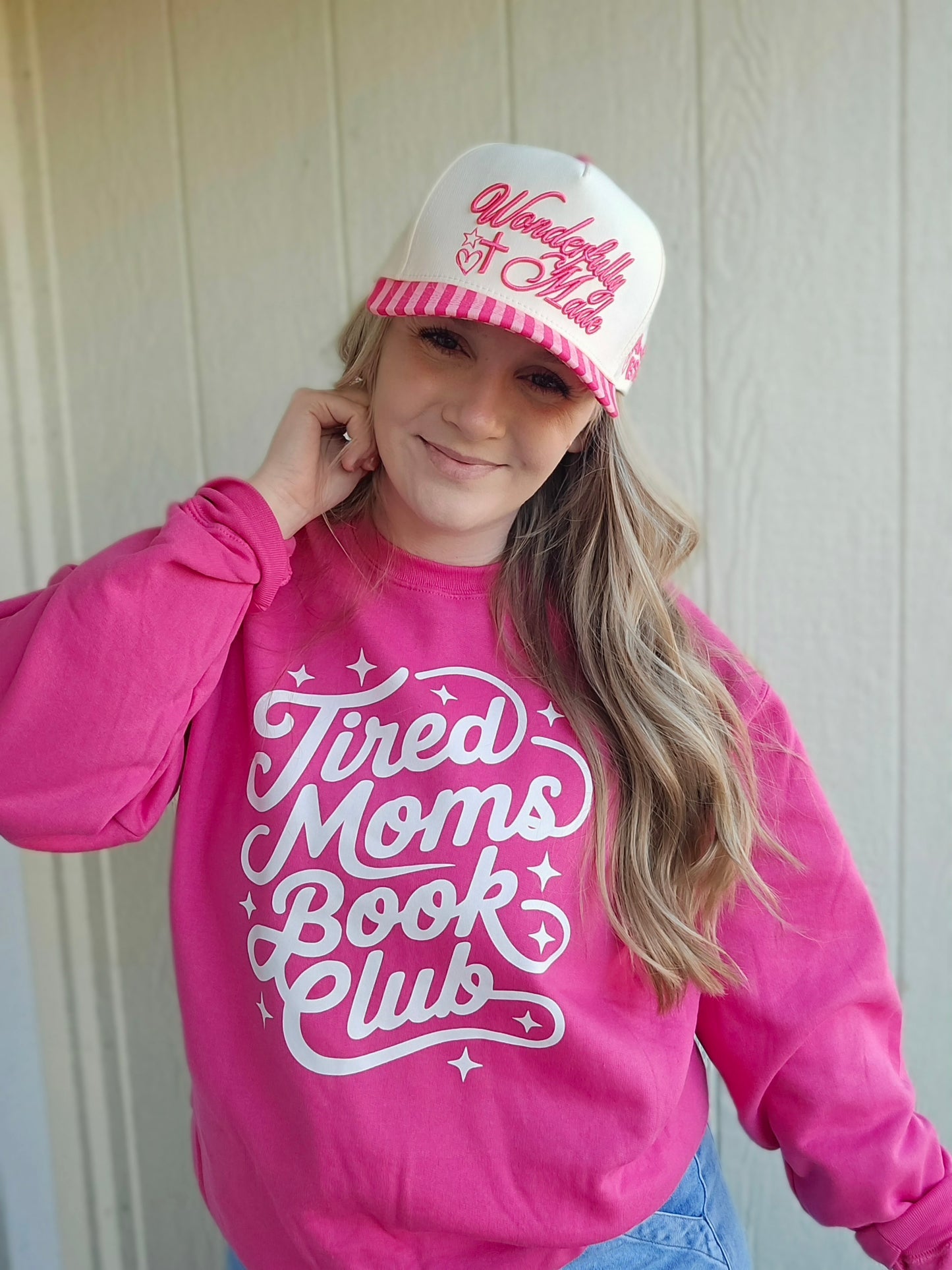 WONDERFULLY MADE Pink Stripe Embroidered Trucker Hat
