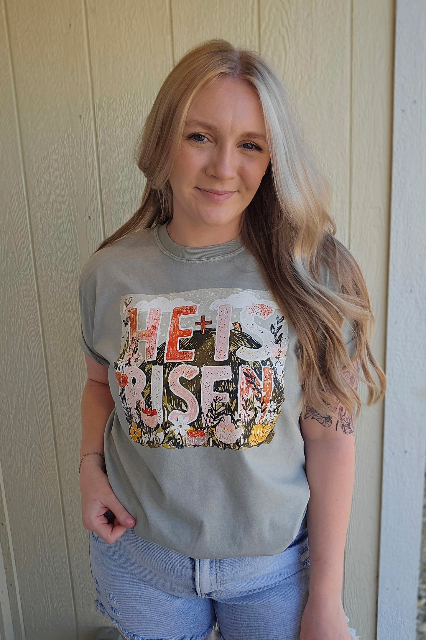HE IS RISEN Sketch Art Sage Vintage Wash Tee