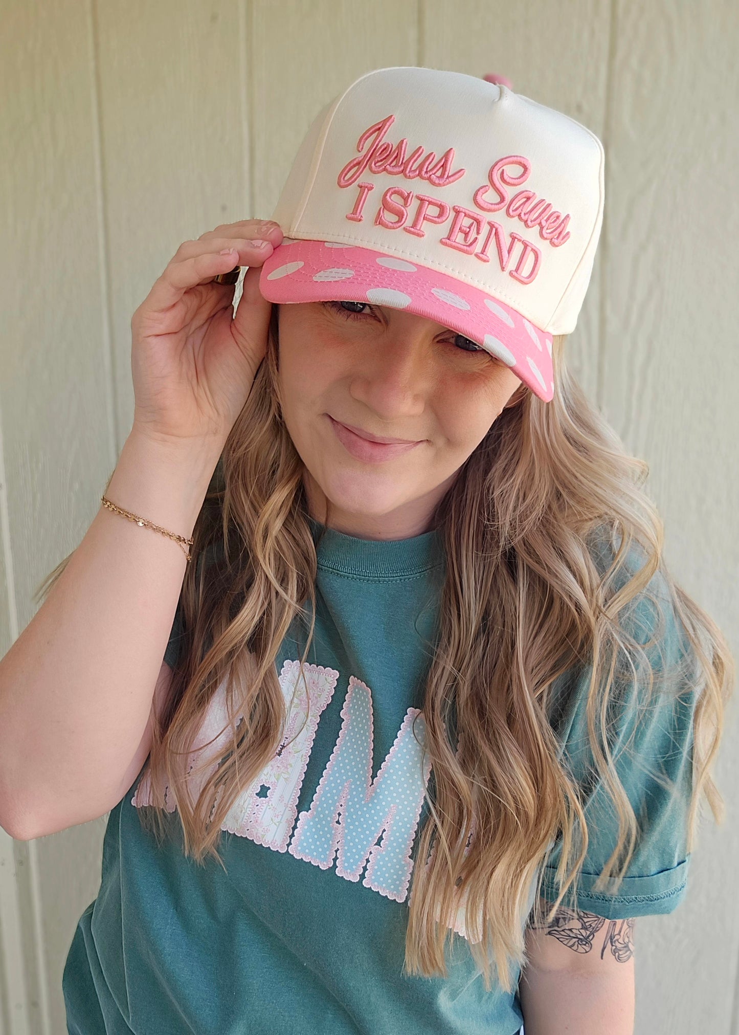 JESUS SAVES, I SPEND Pink Polka Dot Embroidered Trucker Hat