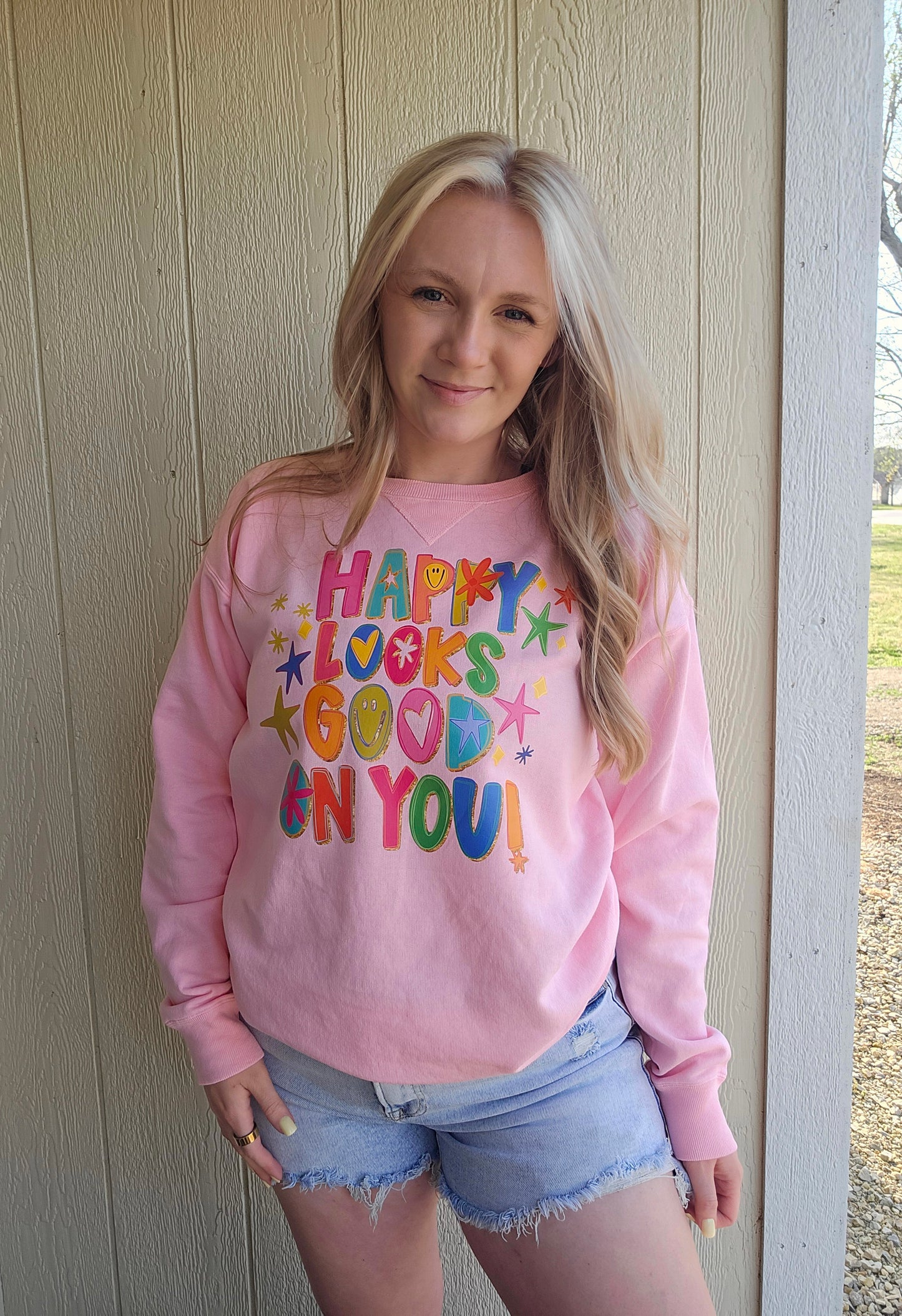 HAPPY LOOKS GOOD ON YOU Pink Vintage Wash Crewneck