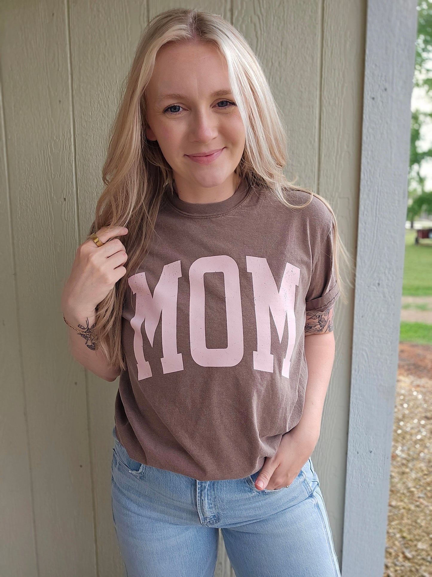 MOM Pink Varsity Espresso Vintage Wash Tee