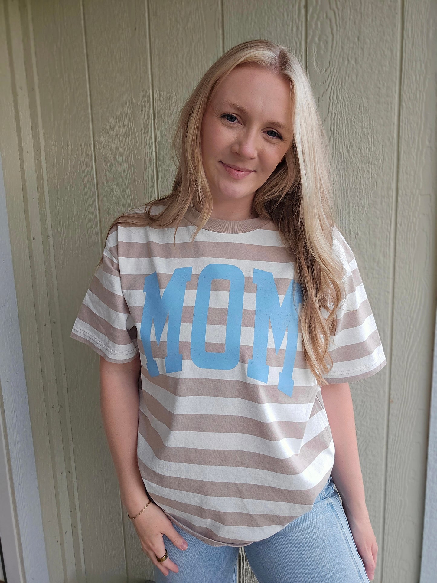 MOM Varsity Beige/White Stripe Tee