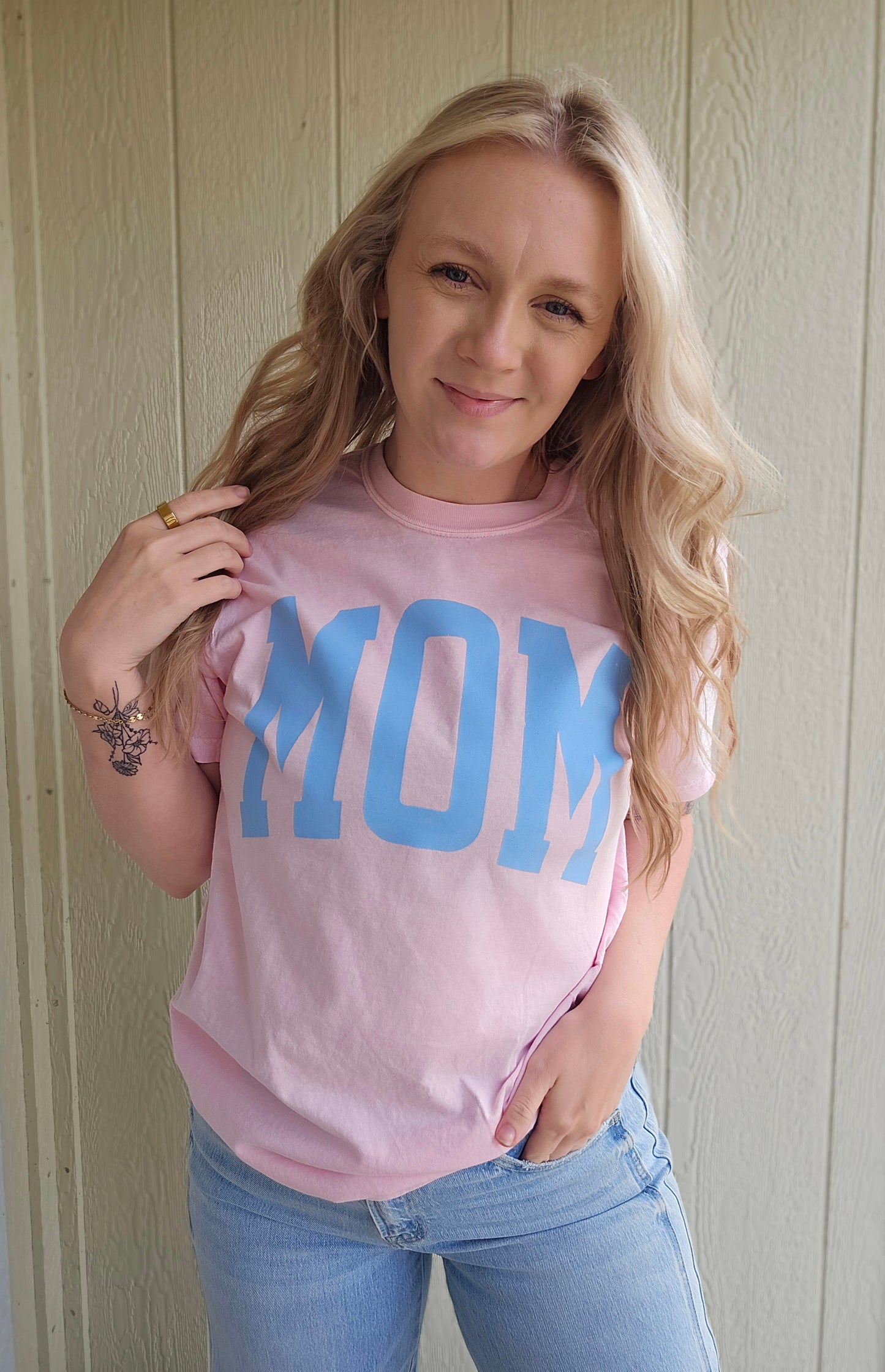 MOM Varsity Baby Pink Vintage Wash Tee