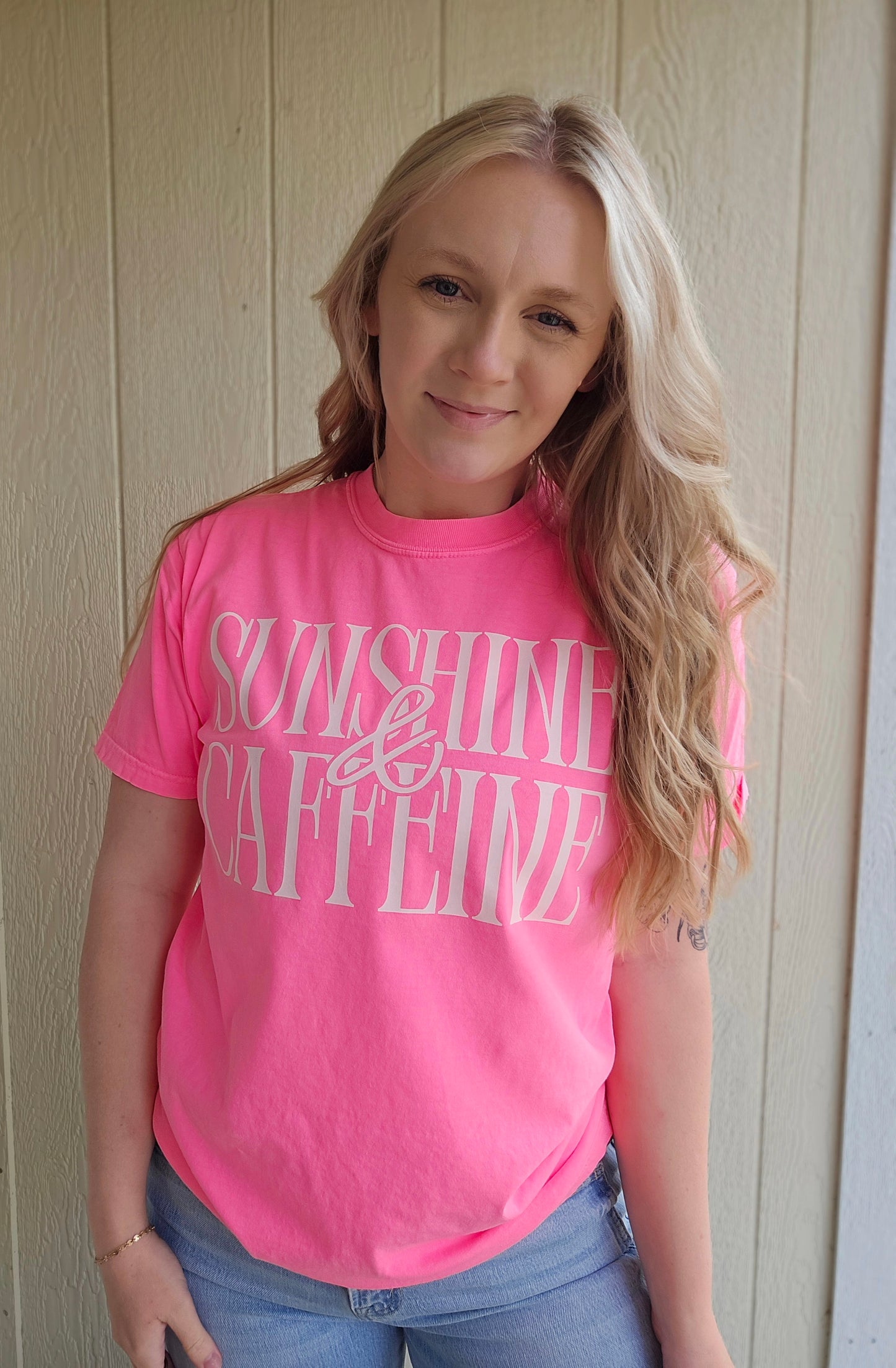 SUNSHINE & CAFFEINE Neon Pink Vintage Wash Tee