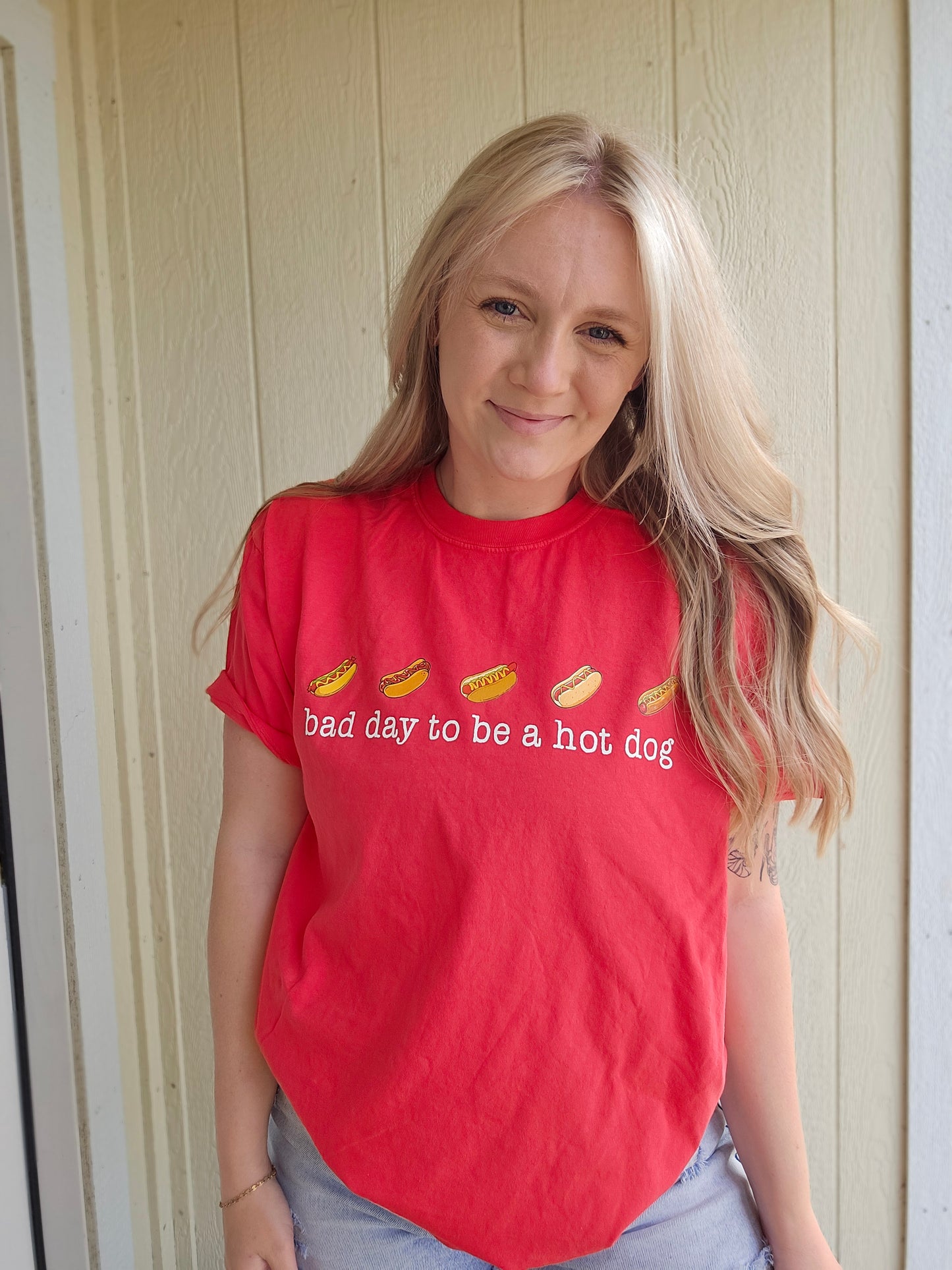 BAD DAY TO BE A HOT DOG Bright Red Vintage Wash Tee