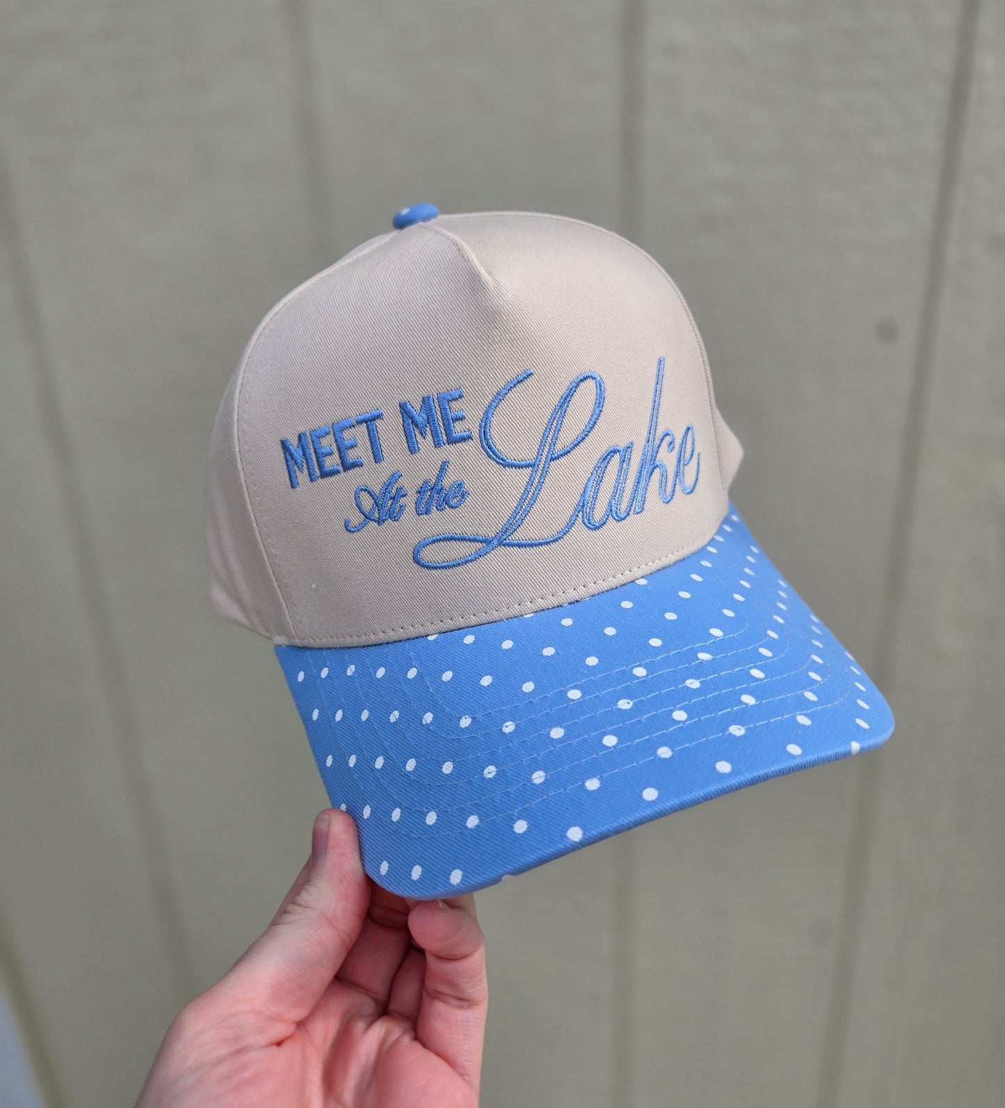 MEET ME AT THE LAKE Baby Blue Polka Dot Trucker Hat