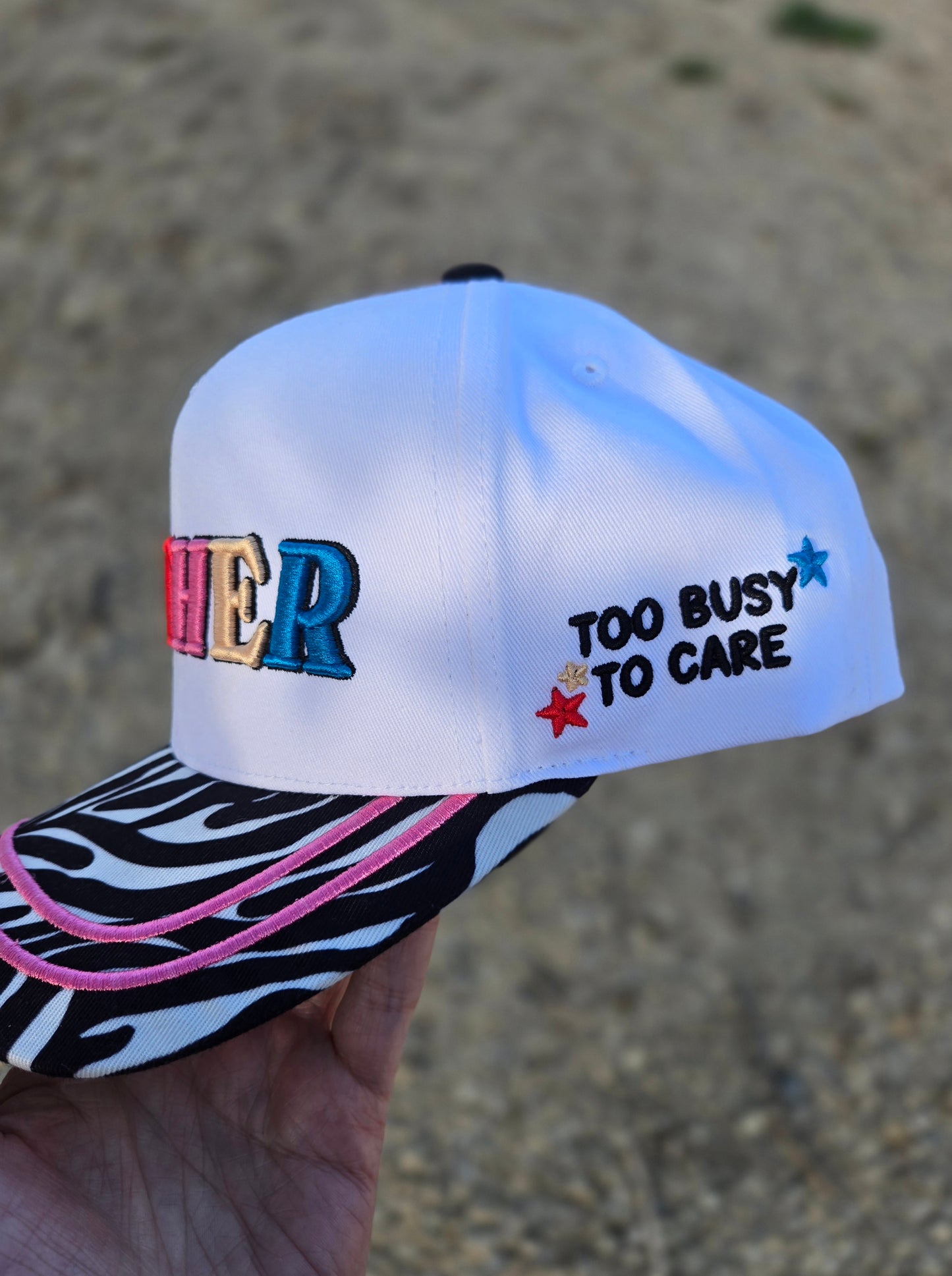 MOTHER (Too Busy To Care) Puff Zebra Embroidered Trucker Hat