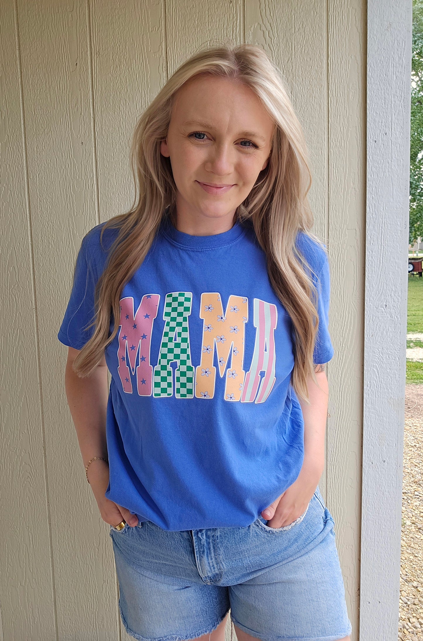MAMA Multi-Pattern Varsity Periwinkle Vintage Wash Tee