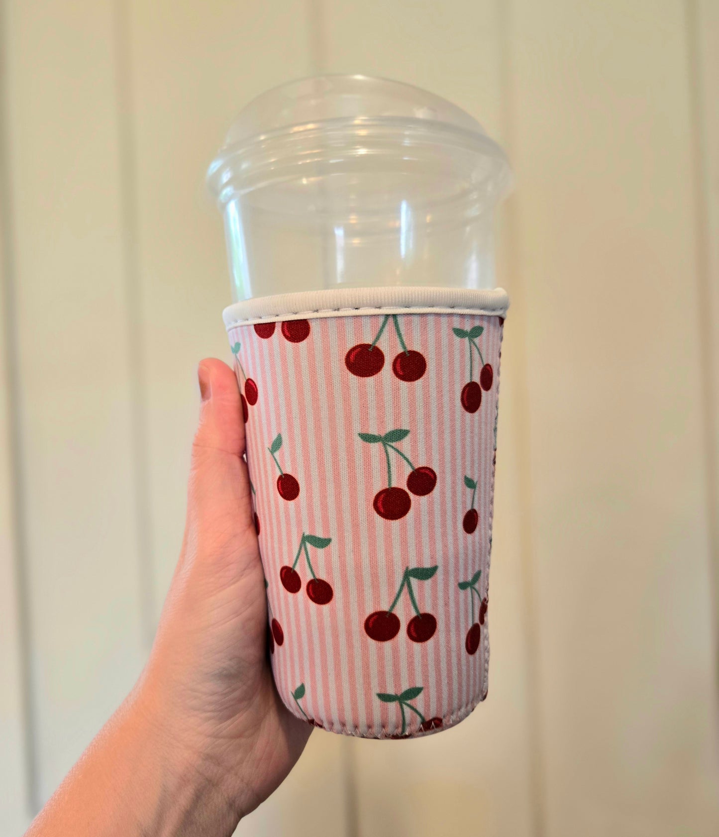 CHERRY PINSTRIPE Pink Iced Coffee Sleeve