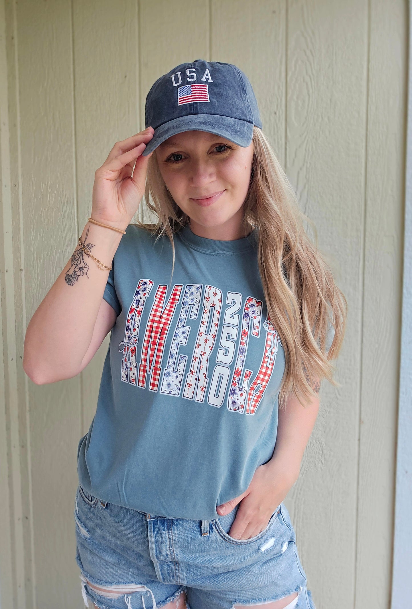 AMERICA 250th Multi-Pattern Ice Blue Vintage Wash Tee