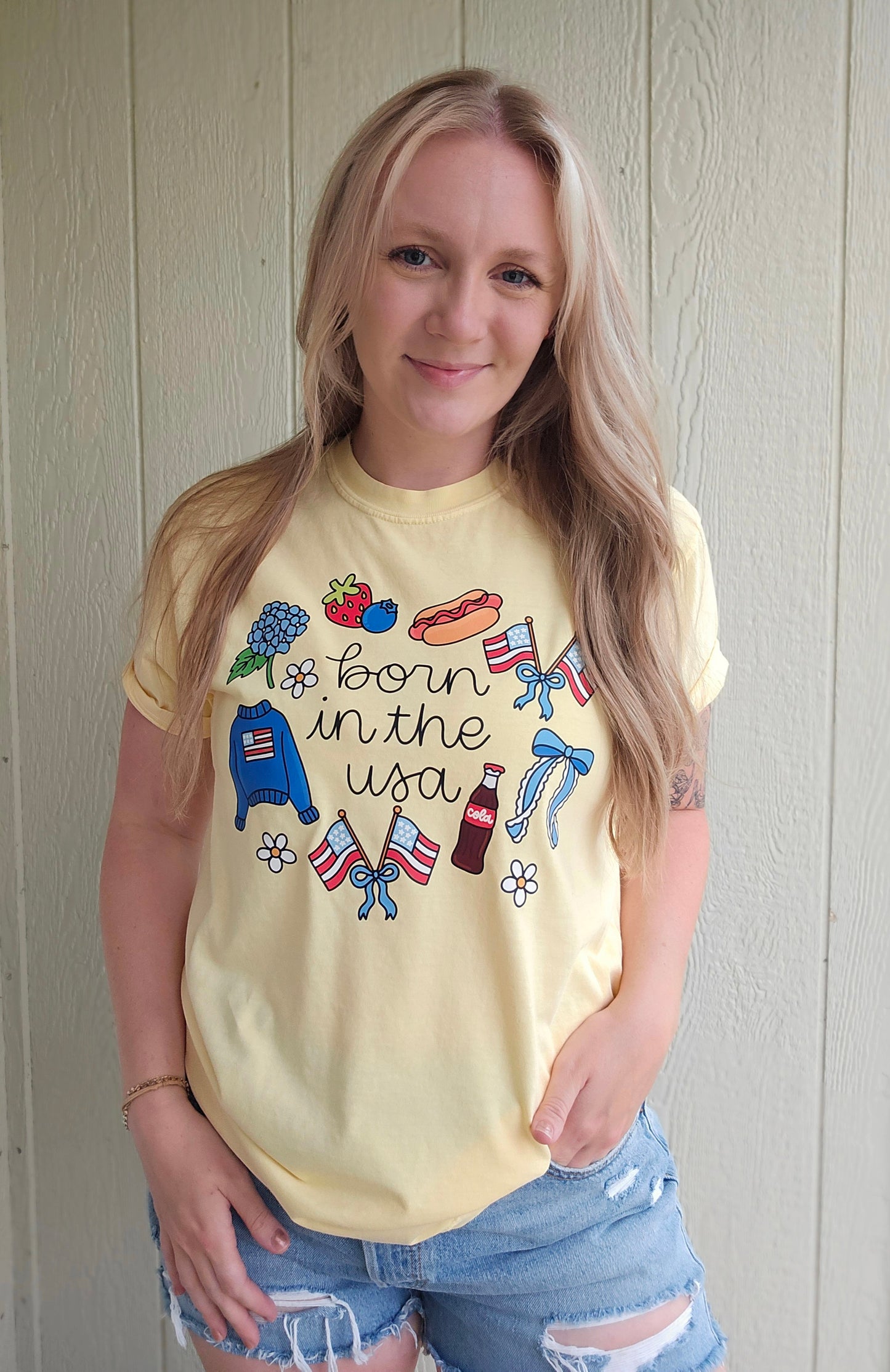 BORN IN THE USA Butter Yellow Vintage Wash Tee