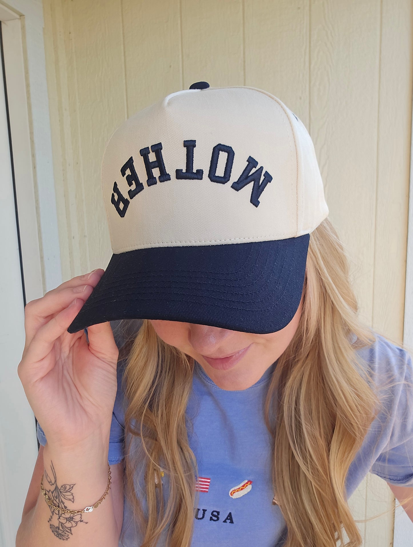 MOTHER Upside Down Black Embroidered Trucker Hat