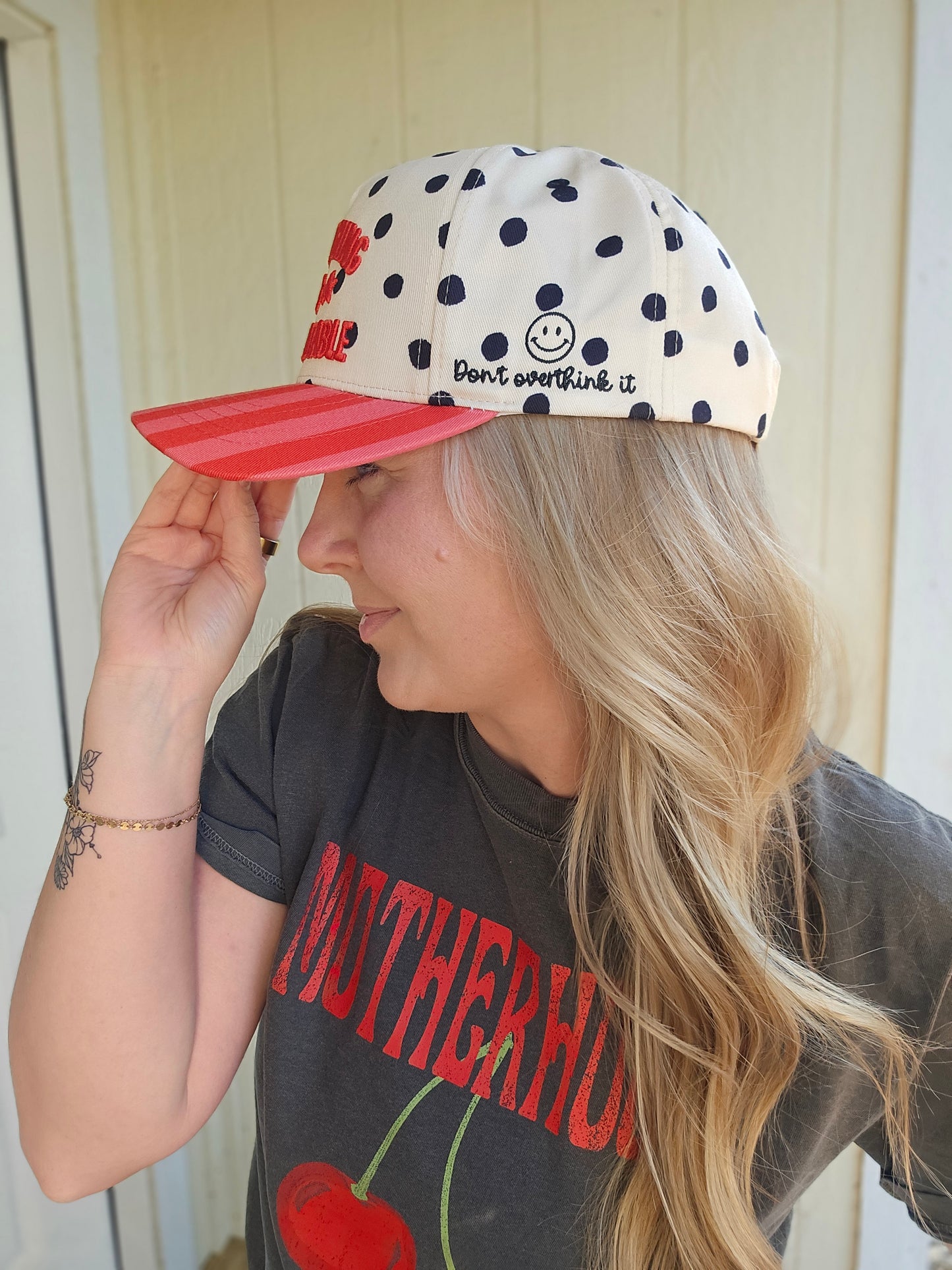 EVERYTHING IS FIGUREOUTABLE Red Stripe/Polka Dot Embroidered Hat