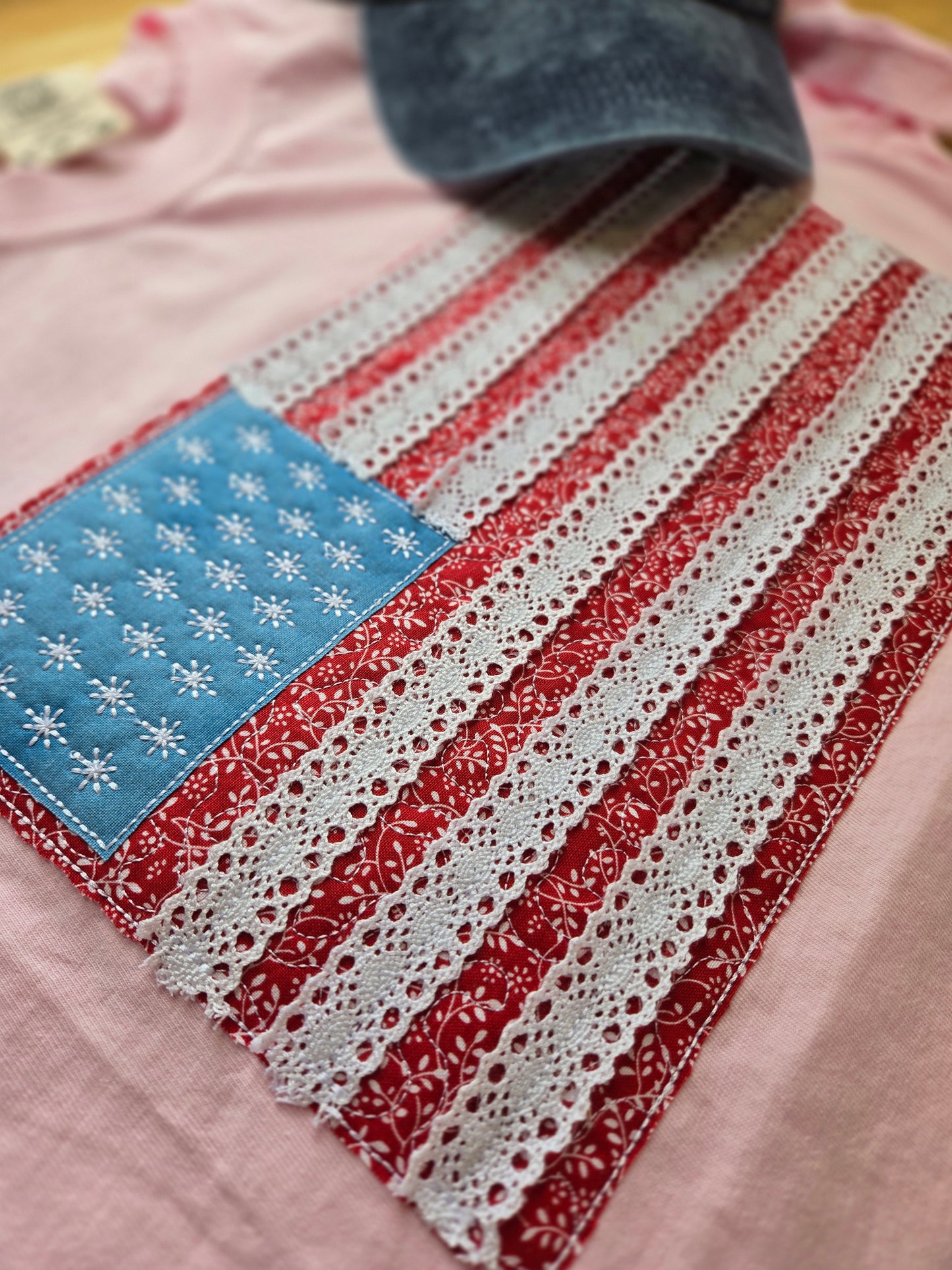 RAGGY FLAG Applique Embroidered Pink Short Sleeve Tee