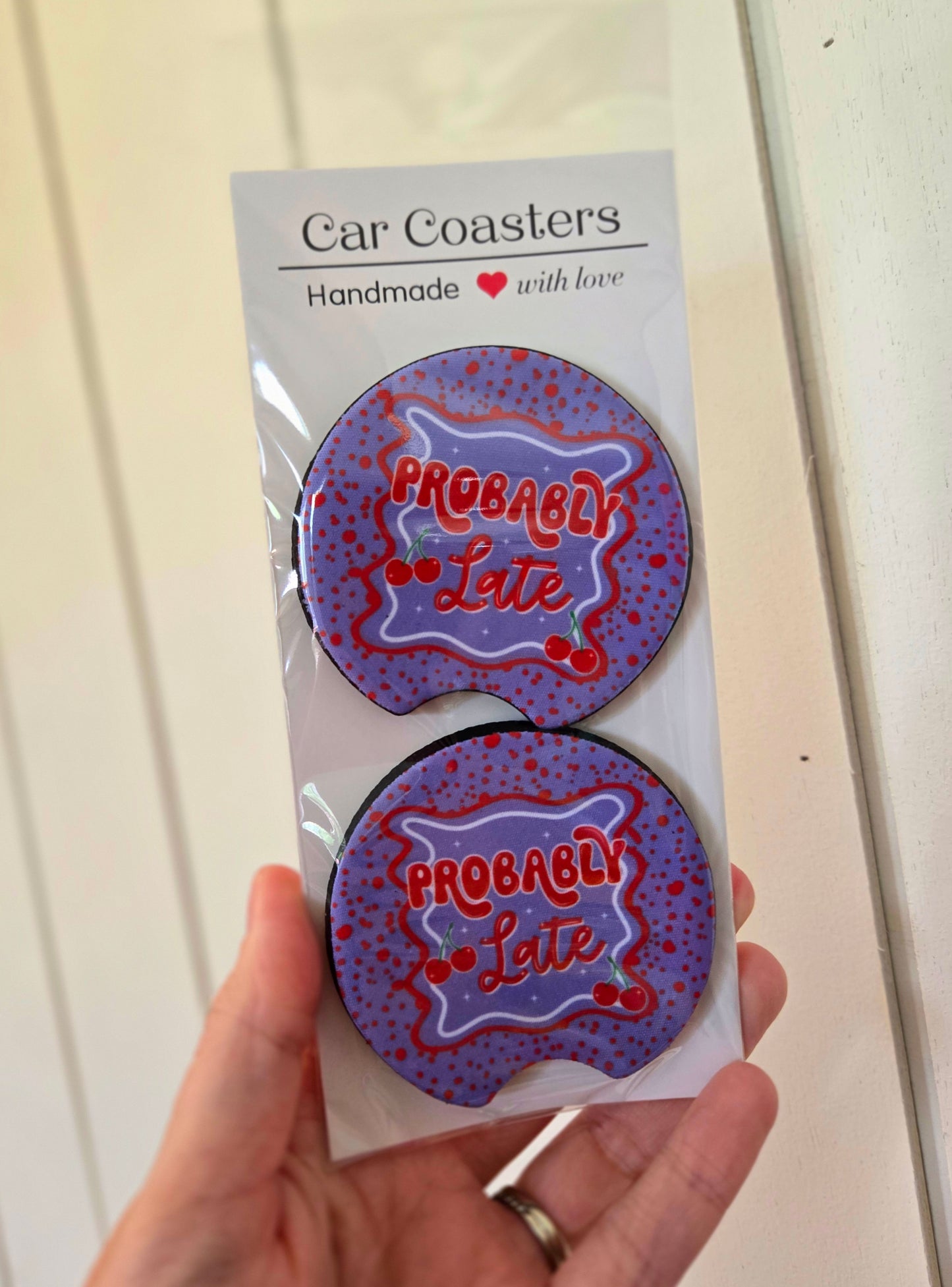 PROBABLY LATE Cherry Car Coasters (Set of 2)