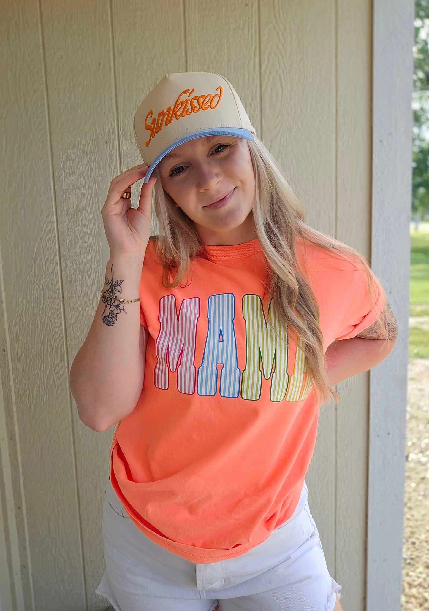 MAMA STRIPE Neon Orange Vintage Wash Tee