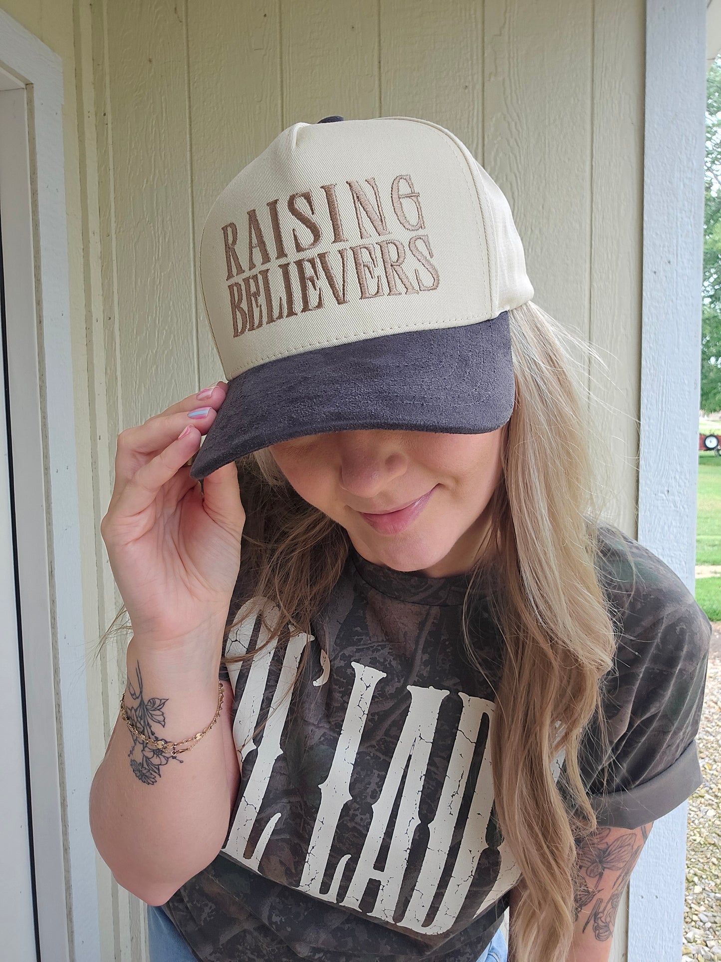 RAISING BELIEVERS Suede Two-Tone Embroidered Trucker Hat