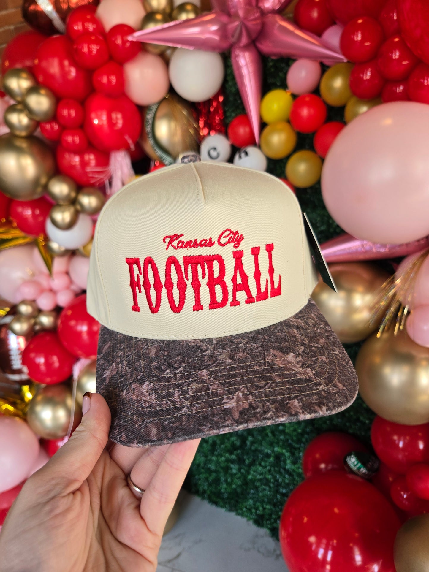 KANSAS CITY FOOTBALL Beige/Camo Embroidered Trucker Hat