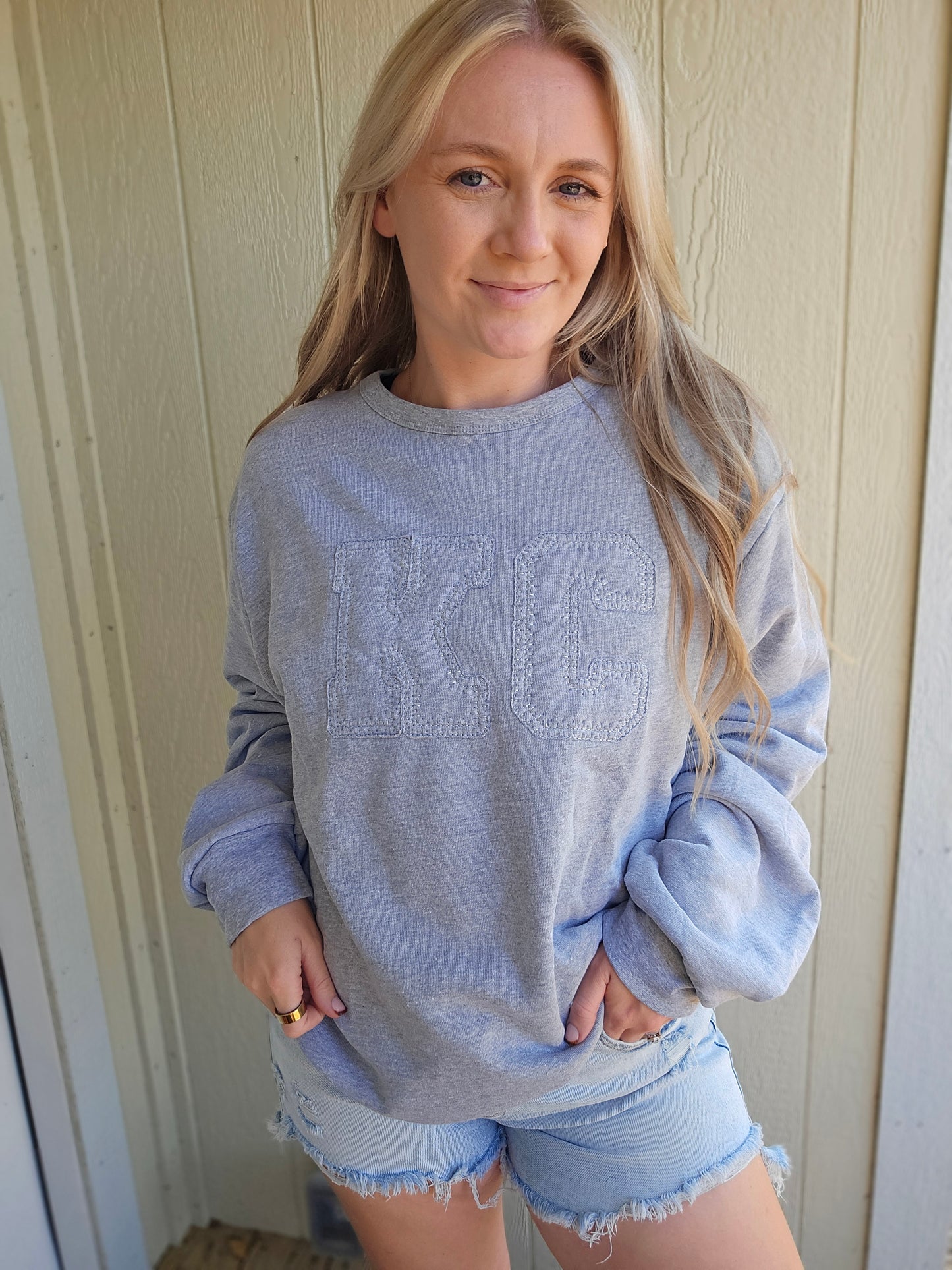 KC RAGGY Cross Stitch Embroidered Ash Grey Crewneck