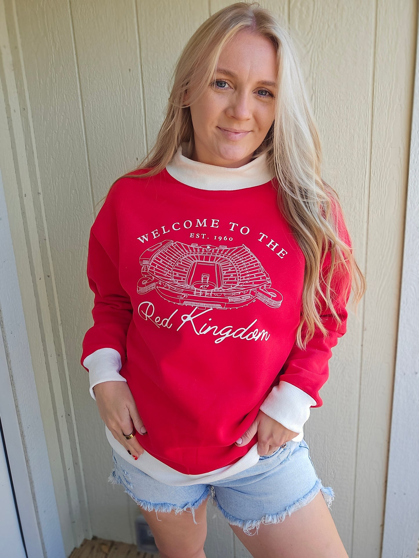 RED KINGDOM Red/White Two-Tone Red Mockneck Sweatshirt
